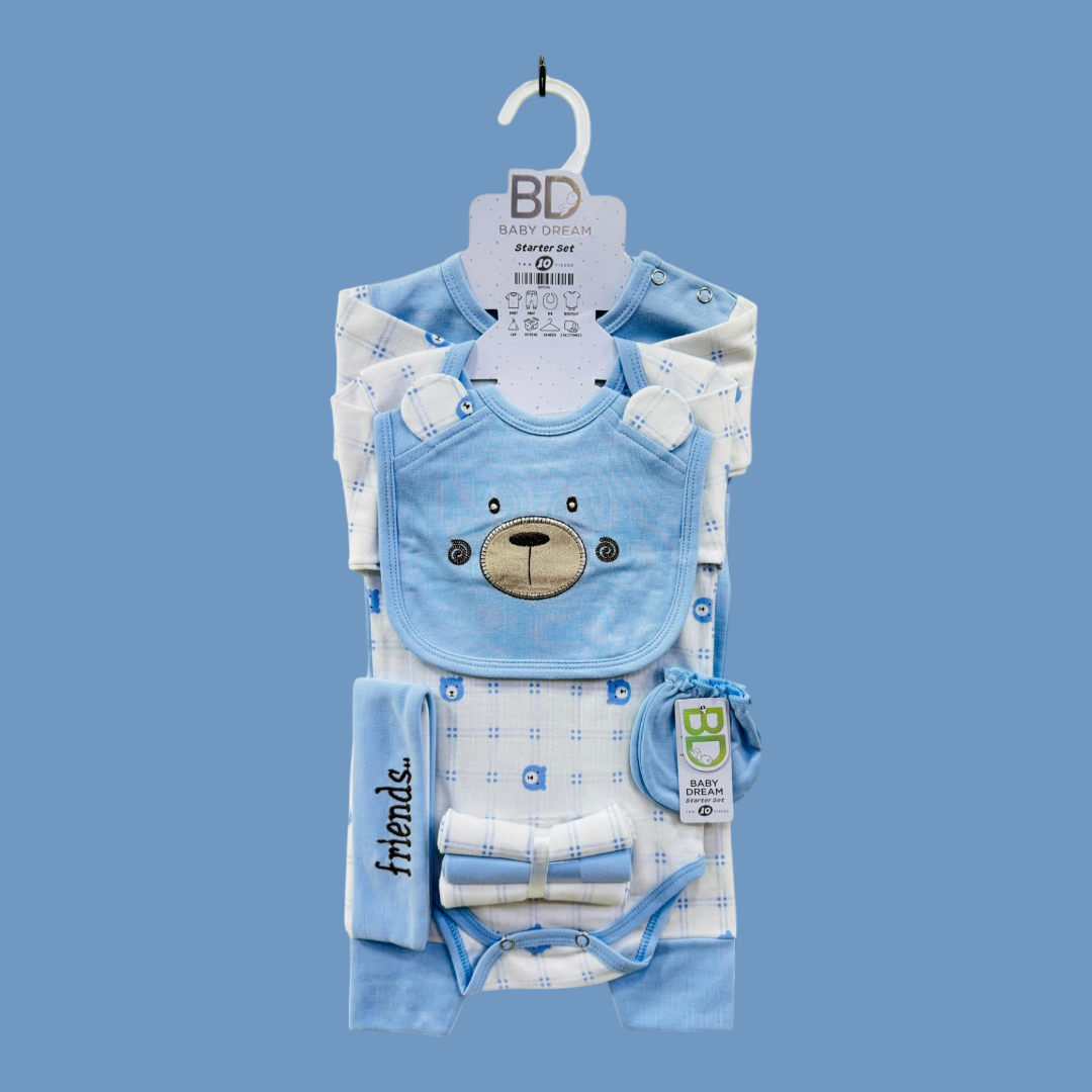Branded Premium Baby 10-Piece Starter Set – Complete Newborn Essentials!
Give your little one the best start with our premium 10-piece baby starter set – a must-have for newborns! Made with soft, high-quality fabric, this set ensures comfort, warmth, and convenience for both baby and parents.
✨ Set Includes:
✔ 1 x Shirt – Soft and gentle on baby’s skin
✔ 1 x Pajama – Cozy and breathable
✔ 1 x Wrapping Sheet – Keeps baby warm and snug
✔ 1 x Bib – Protects outfits from spills
✔ 1 x Cap – Keeps baby’s head