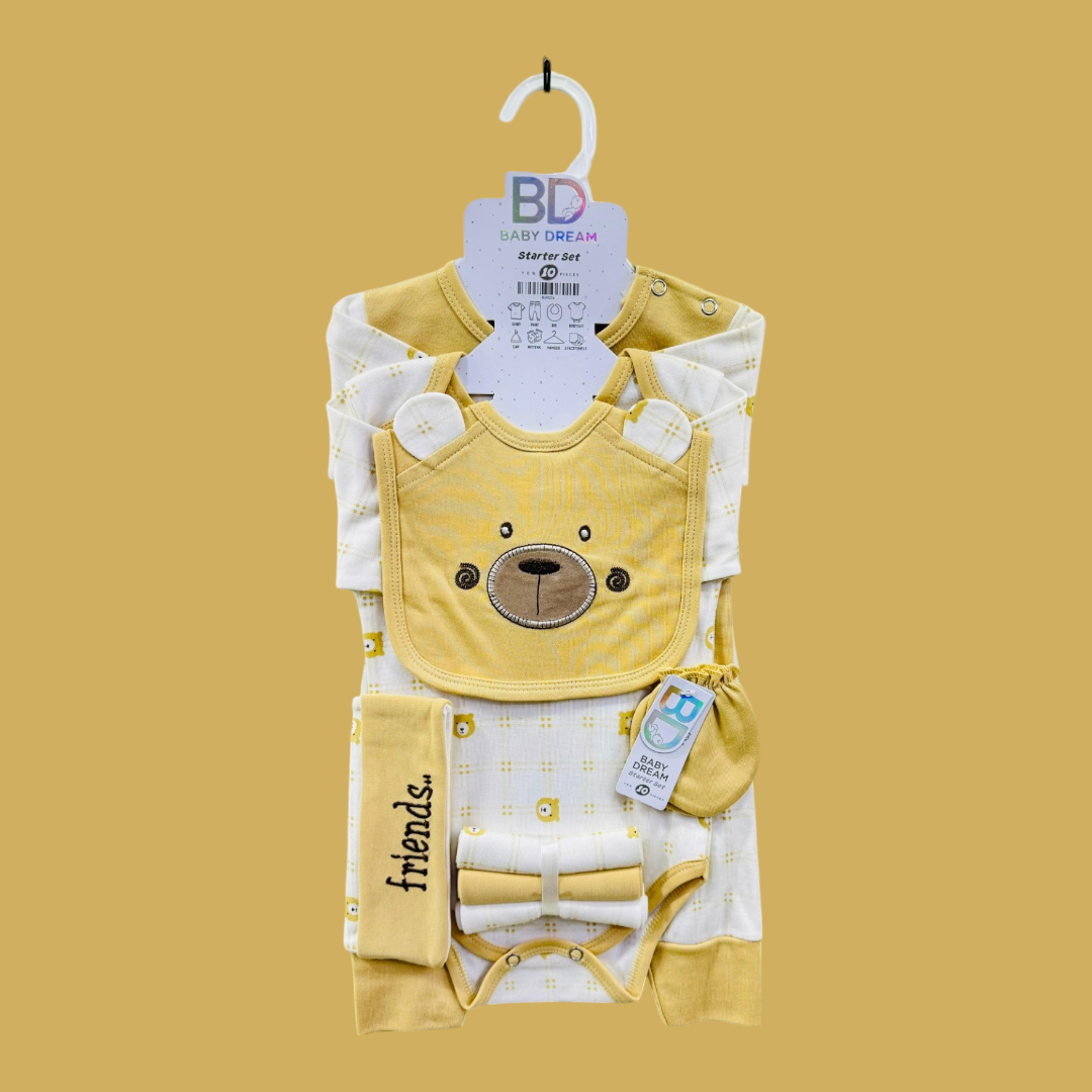 Branded Premium Baby 10-Piece Starter Set – Complete Newborn Essentials!
Give your little one the best start with our premium 10-piece baby starter set – a must-have for newborns! Made with soft, high-quality fabric, this set ensures comfort, warmth, and convenience for both baby and parents.
✨ Set Includes:
✔ 1 x Shirt – Soft and gentle on baby’s skin
✔ 1 x Pajama – Cozy and breathable
✔ 1 x Wrapping Sheet – Keeps baby warm and snug
✔ 1 x Bib – Protects outfits from spills
✔ 1 x Cap – Keeps baby’s head