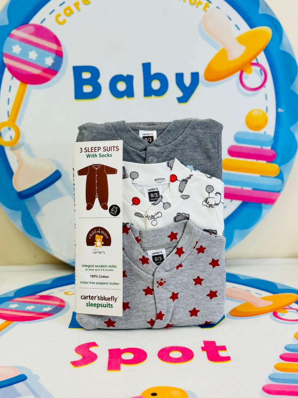 Baby Pack of 3 Sleep Suit Rompers Collection G (Open Feet)