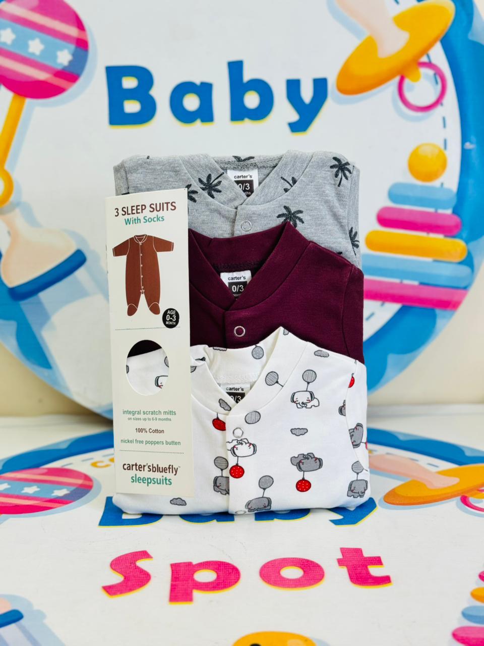 Carters Pack of 3 Sleep Suit Rompers Collection M (Open Feet)