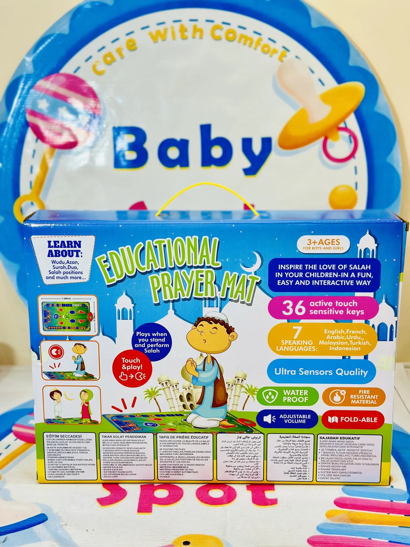 🌙 Interactive Kids' Prayer Mat – Teach & Inspire! 🕌✨
Make learning prayer easy and engaging for kids with this Interactive Kids' Namaz Mat. Designed with 36 touch-sensitive keys, it guides little ones through prayers in 7 different languages, making it a perfect tool for early Islamic education.
🔹 Why Kids & Parents Love It?
🗣️ Multilingual Support – Teaches prayer in 7 languages for a diverse learning experience.
🔊 Adjustable V