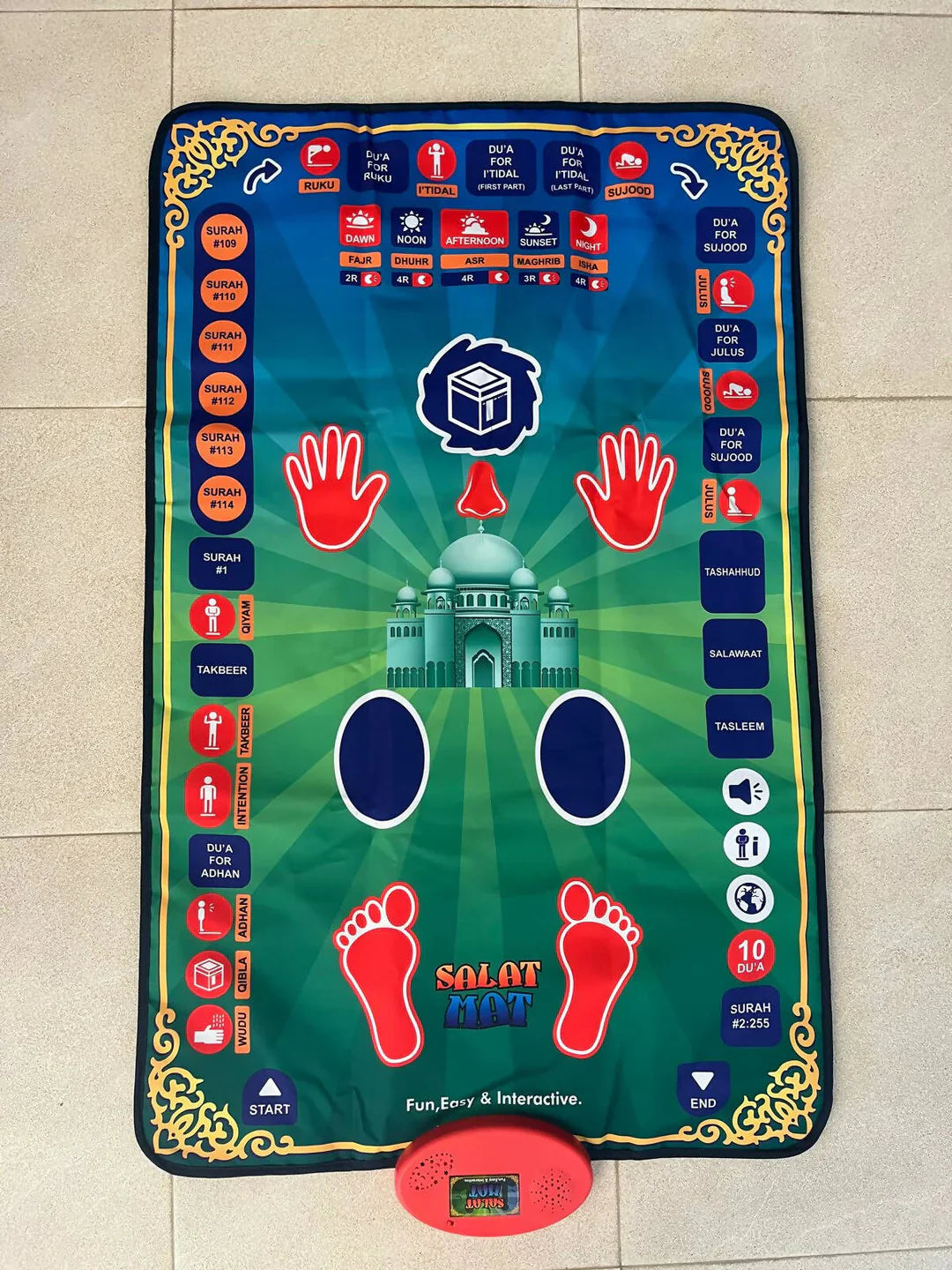 🌙 Interactive Kids' Prayer Mat – Teach & Inspire! 🕌✨
Make learning prayer easy and engaging for kids with this Interactive Kids' Namaz Mat. Designed with 36 touch-sensitive keys, it guides little ones through prayers in 7 different languages, making it a perfect tool for early Islamic education.
🔹 Why Kids & Parents Love It?
🗣️ Multilingual Support – Teaches prayer in 7 languages for a diverse learning experience.
🔊 Adjustable V