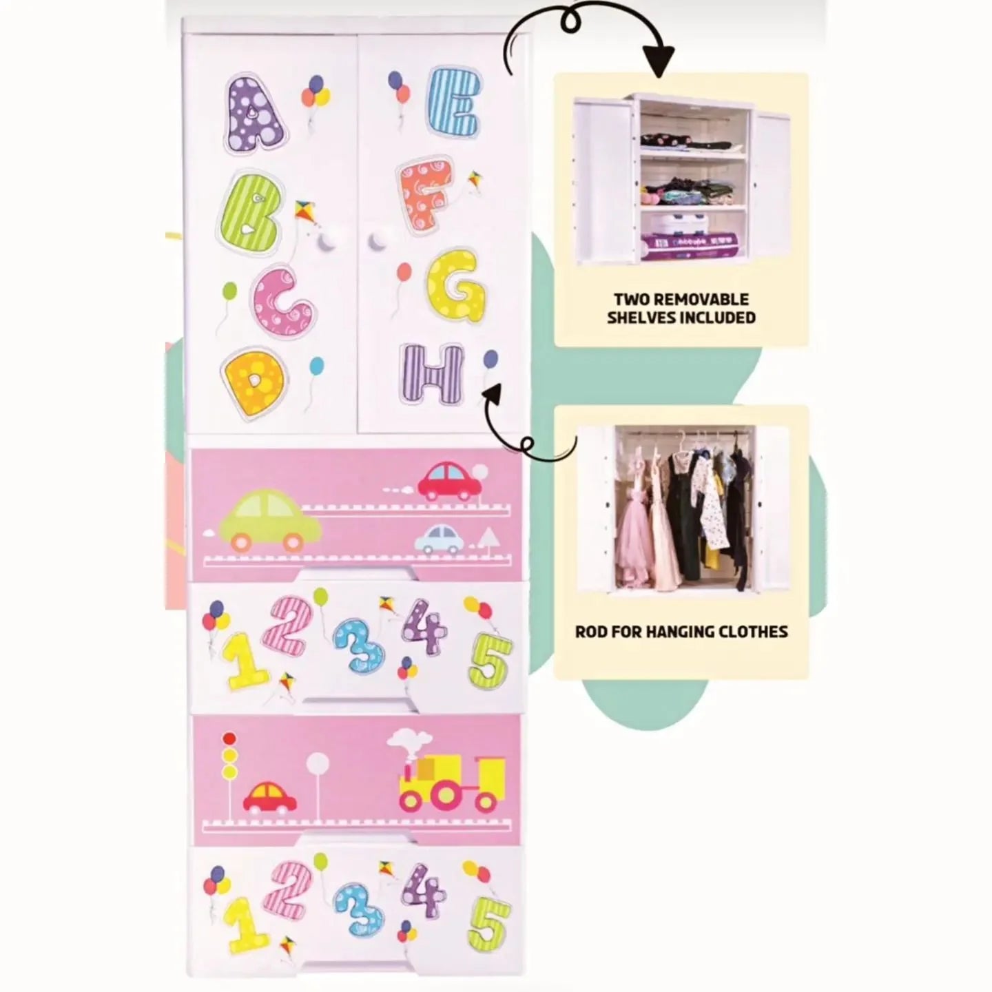 Large sized plastic wardrobe, with beautiful print designs and colors.
Spacious in size to easily store clothes, tools, toys, books and other stuff.
Made from strong and durable imported raw material for long life.
7 Layer (Model # 4022):
Dimensions: L41 x W61 x H171 cm
4 Large Draw + 3 Layer Cabinet
Features:
Two Shelves to stack and store Clothes and other stuff easily.
Shelves can be removed if desired.
Hanging rod to easily hang clothes.
Stoppers to prevent draw from fa