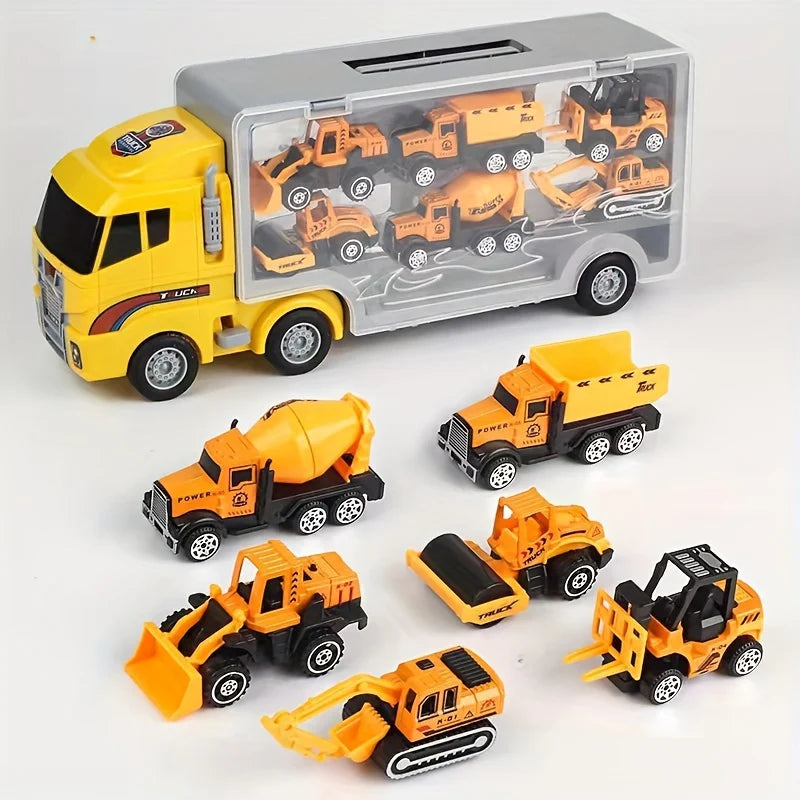 🚧 Construction Vehicle Toy Set for Kids (Ages 3+)
🛻 All-in-One Set: Includes transport truck, excavator, bulldozer, forklift, cement mixer, dump truck, road roller, signs & foldable play mat.
📦 Built-In Storage: Truck holds 6 die-cast cars with a hidden carry handle for easy portability.
✅ Safe & Durable: Made with eco-friendly ABS plastic & zinc alloy, meets CPSIA & ASTM standards.
🎁 Perfect Gift Idea: Comes in a premium gift box—great for birthdays, holidays & special
occasions