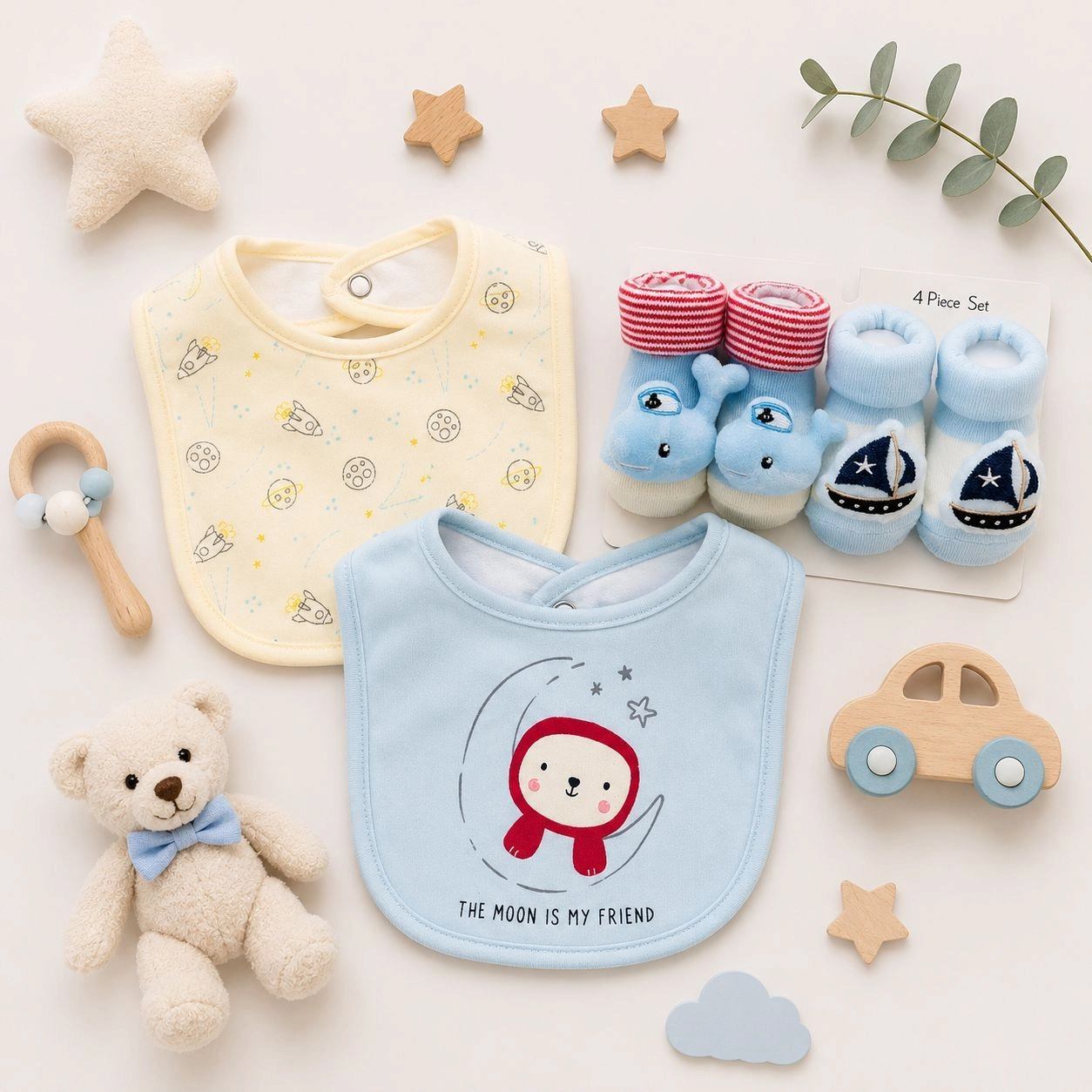 Hudson Baby Imported Combo Set – 2 Bibs + 2 Socks Booties