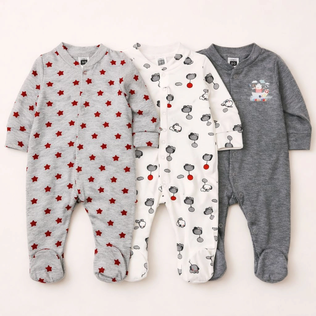 Baby Pack of 3 Sleep Suit Rompers Collection G (Open Feet)