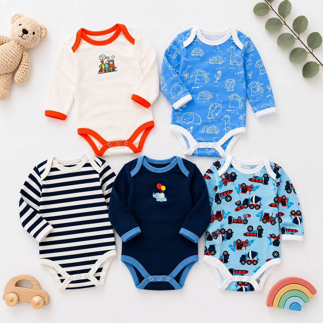 pack of 5 baby bodysuits, imported baby bodysuits, full-sleeve baby onesies, newborn baby clothes, infant bodysuit set, long-sleeve baby bodysuits, printed baby onesies, baby clothing set, newborn essentials, baby shower gift set