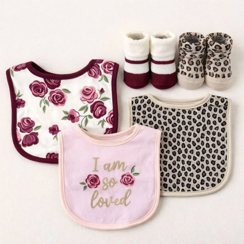 Hudson Baby Imported Combo Set – 3 Bibs + 2 Socks Booties