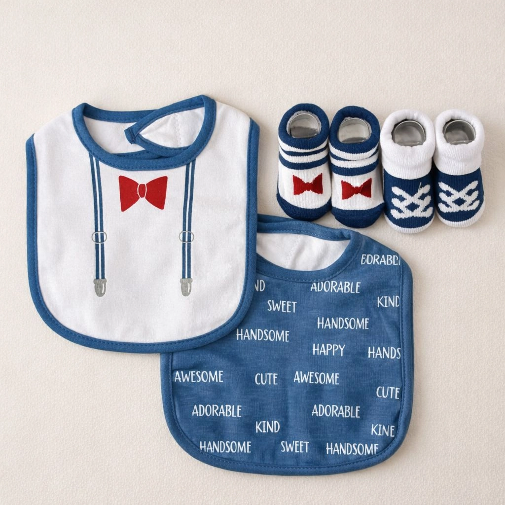 Hudson Baby Imported Combo Set ā 2 Bibs + 2 Socks Booties