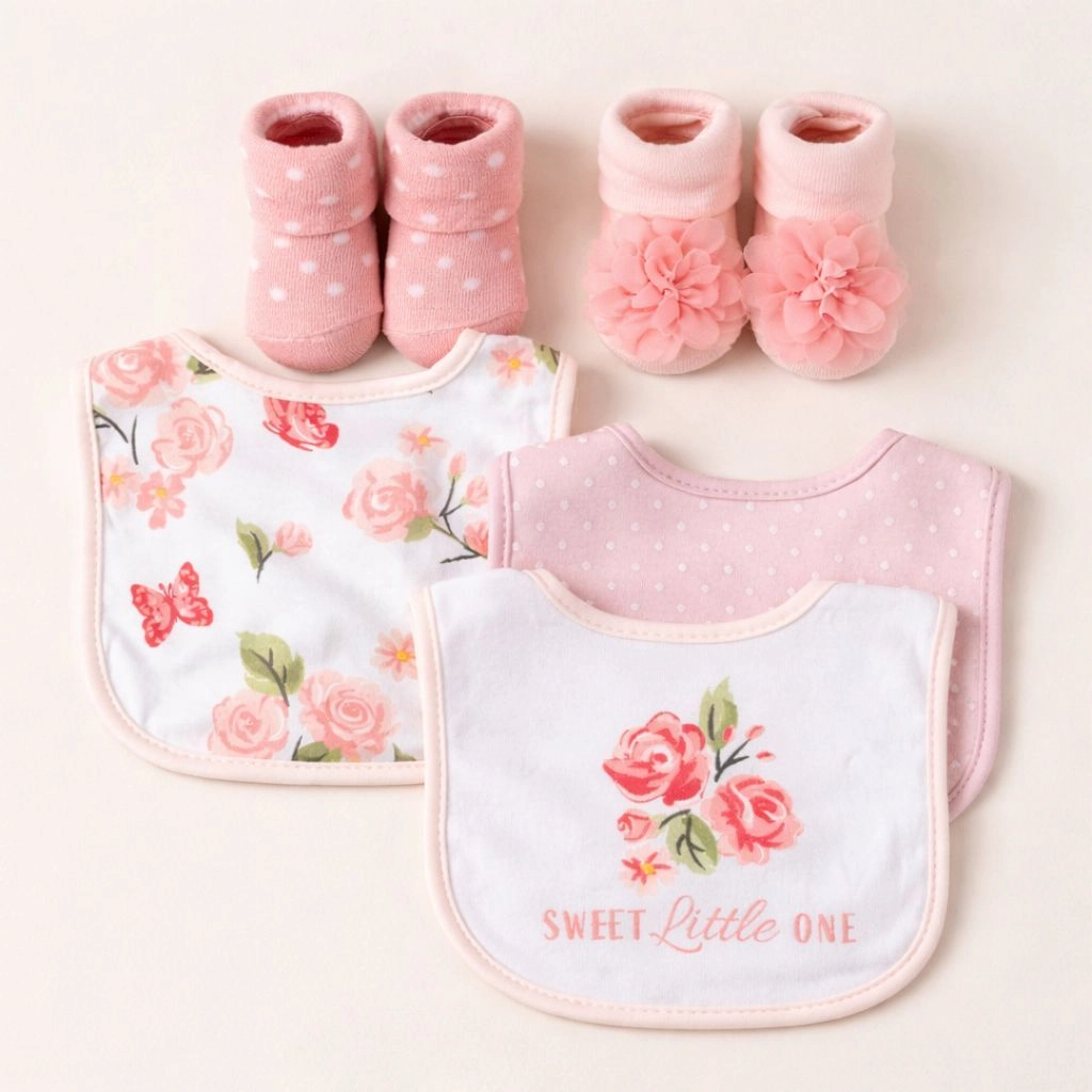 Hudson Baby Imported Combo Set – 3 Bibs + 2 Socks Booties