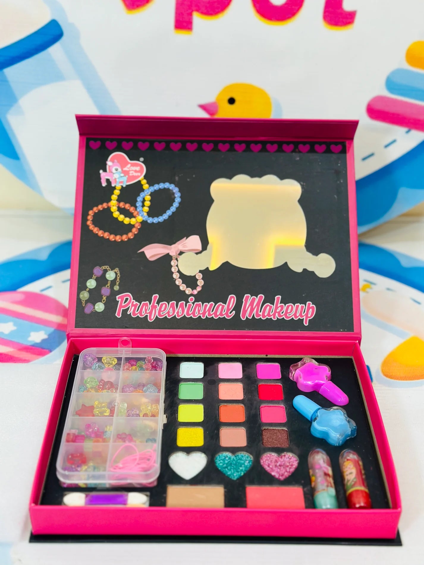 💄 Kids' Makeup Kit with Stylish Bag – Sparkle & Play! ✨👛
Let your little one explore creativity with this 2-in-1 Makeup & Jewelry Kit, designed for endless fun and imaginative play.
🔹 Features:
🎀 Adorable & Portable – Comes with a glittery bag for easy storage and carry.
💖 Safe & Kid-Friendly – Made with non-toxic, washable materials for worry-free play.
🌟 Encourages Confidence & Creativity – Helps kids express themselves through