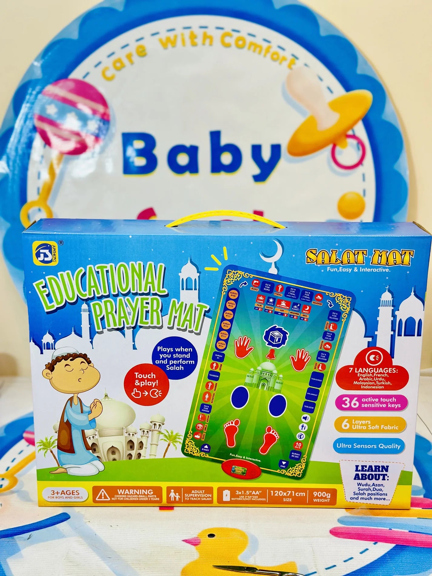 🌙 Interactive Kids' Prayer Mat – Teach & Inspire! 🕌✨
Make learning prayer easy and engaging for kids with this Interactive Kids' Namaz Mat. Designed with 36 touch-sensitive keys, it guides little ones through prayers in 7 different languages, making it a perfect tool for early Islamic education.
🔹 Why Kids & Parents Love It?
🗣️ Multilingual Support – Teaches prayer in 7 languages for a diverse learning experience.
🔊 Adjustable V