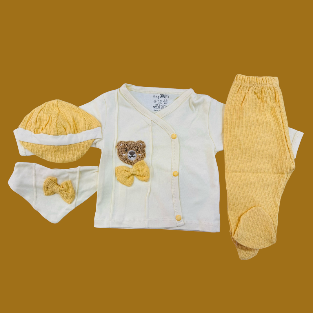 👶✨ Premium Summer Baby Starter Set – 4-Piece Collection! ☀️💖

Give your newborn the perfect summer comfort with our premium 4-piece baby starter set! Designed with soft & breathable fabric, this set is an essential for every baby’s wardrobe.

🌟 Features & Benefits:

✔ Complete Set – Includes shirt, trouser, bib, and cap for a coordinated look.
✔ Premium Summer Fabric – Lightweight & breathable for ultimate comfort.
✔ Super Soft & Gentle – Perfect for newborn’s delicate skin.
✔ Adorable & Practical – Styl