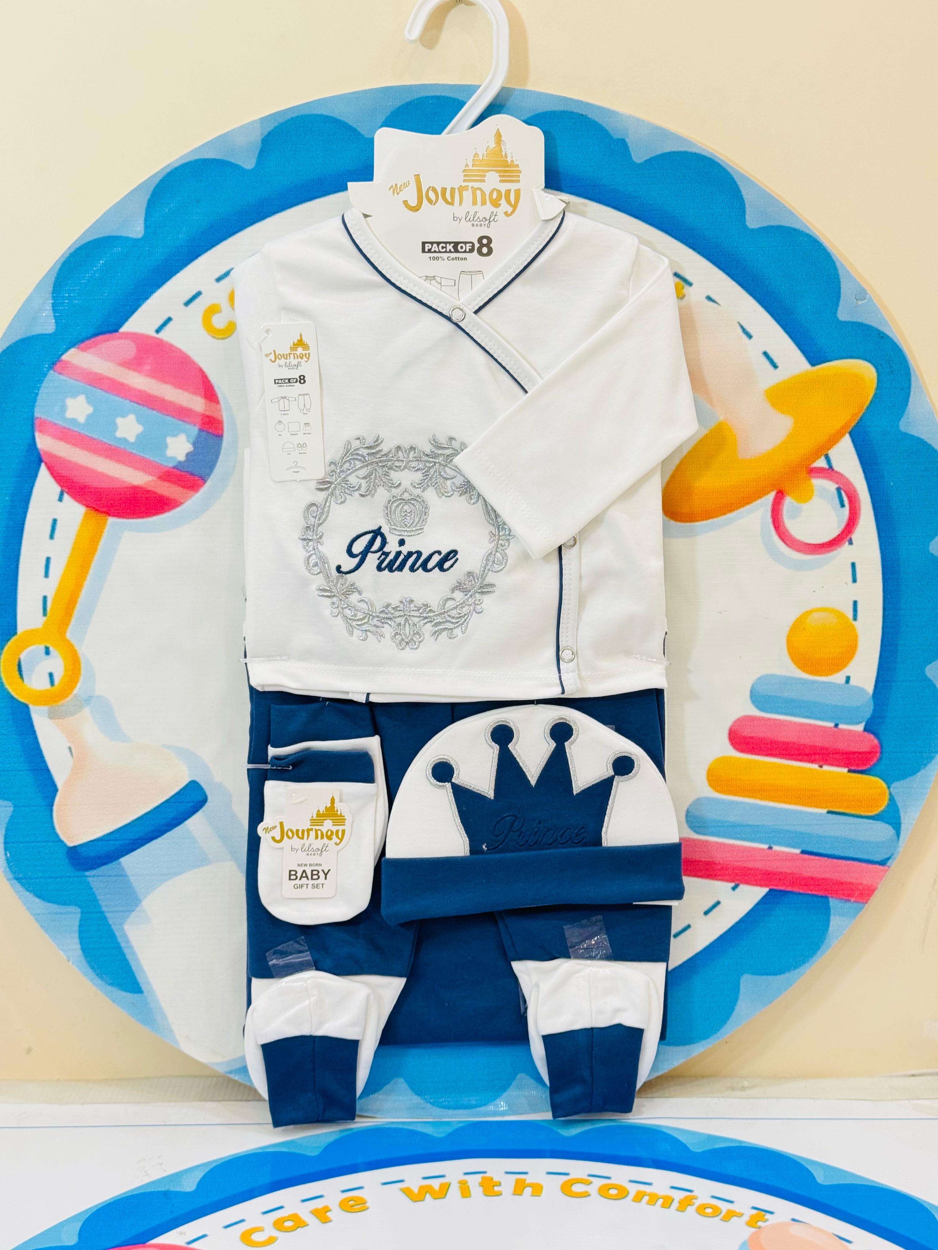 Premium 8-Pcs Starter Set for Little Prince – Newborn Must-Have!
Introducing our luxurious 8-piece baby boy starter set, thoughtfully curated to welcome your newborn with love and comfort.

• Includes: Pajama, Shirt, Wrapping Sheet, Bib, Cap, Mittens, Booties & a Matching Hanger
• Size: 0-3 Months
• Material: Super Soft & Breathable Fabric – Gentle on delicate baby skin
• Colors: Available in 5 Beautiful Shades
• Perfect For: Baby showers, gifting, hospital bag, and daily newborn wear

This adorable baby bo