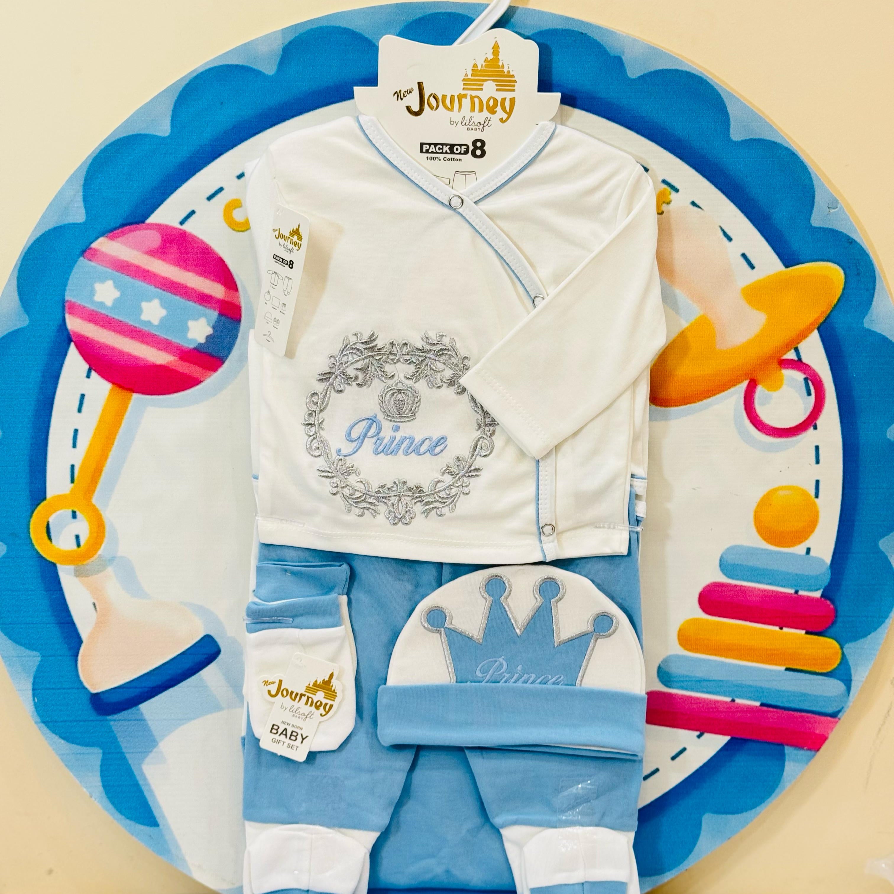 Premium 8-Pcs Starter Set for Little Prince – Newborn Must-Have!
Introducing our luxurious 8-piece baby boy starter set, thoughtfully curated to welcome your newborn with love and comfort.

• Includes: Pajama, Shirt, Wrapping Sheet, Bib, Cap, Mittens, Booties & a Matching Hanger
• Size: 0-3 Months
• Material: Super Soft & Breathable Fabric – Gentle on delicate baby skin
• Colors: Available in 5 Beautiful Shades
• Perfect For: Baby showers, gifting, hospital bag, and daily newborn wear

This adorable baby bo