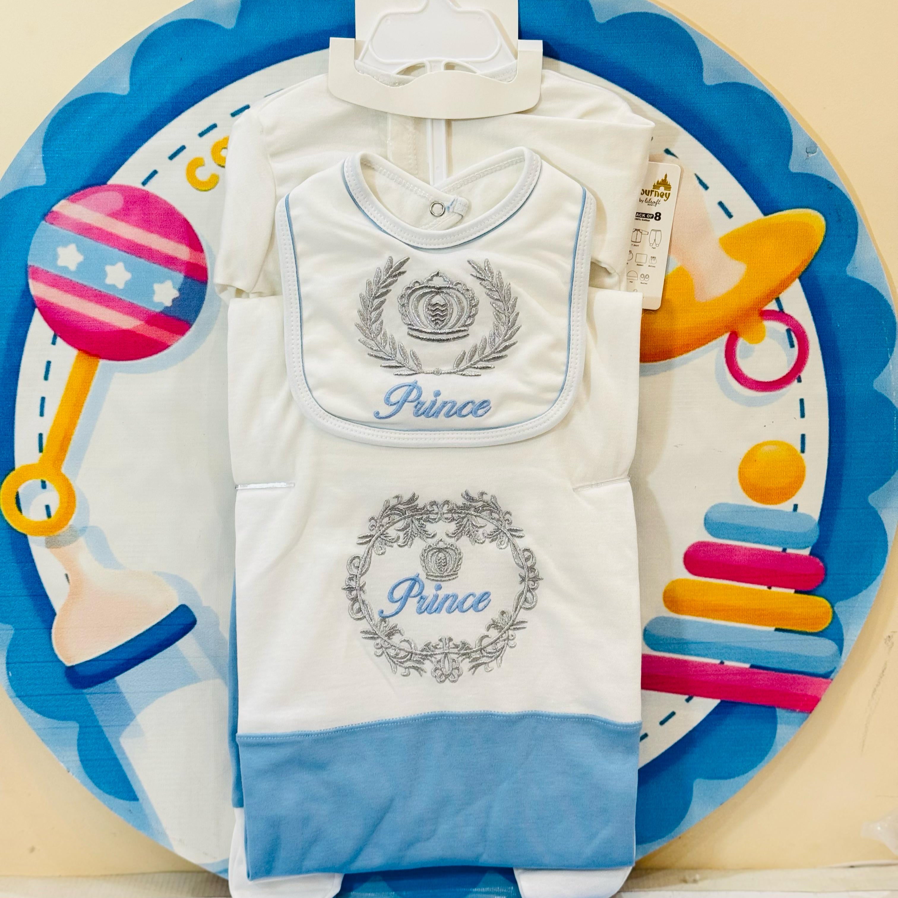 Premium 8-Pcs Starter Set for Little Prince – Newborn Must-Have!
Introducing our luxurious 8-piece baby boy starter set, thoughtfully curated to welcome your newborn with love and comfort.

• Includes: Pajama, Shirt, Wrapping Sheet, Bib, Cap, Mittens, Booties & a Matching Hanger
• Size: 0-3 Months
• Material: Super Soft & Breathable Fabric – Gentle on delicate baby skin
• Colors: Available in 5 Beautiful Shades
• Perfect For: Baby showers, gifting, hospital bag, and daily newborn wear

This adorable baby bo