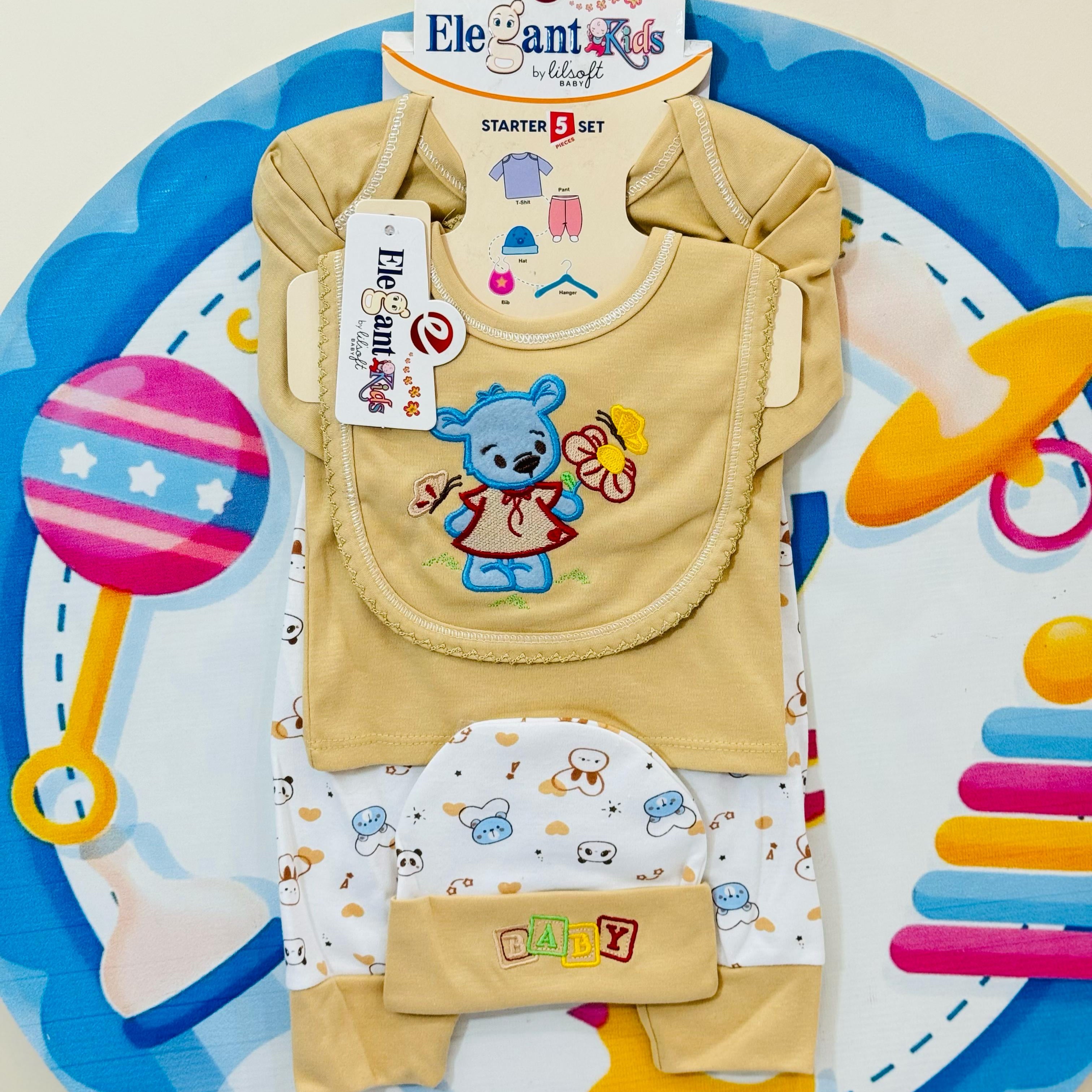 🧸 Baby 5 Pcs Blended Stuff Starter Set Collection 🌈👶

Make your newborn's first wardrobe special with our premium imported 5-piece starter set – designed with love and comfort for your baby’s delicate skin! 🇵🇰

💖 High-Quality Summer Material – Soft, breathable & gentle for newborns
👕 5 Must-Have Items – Includes shirt, trouser, bib, cap & hanger
🧵 Imported Blended Stuff – Lightweight & comfy for daily summer wear
🎨 Adorable Prints & Colors – Suitable for both baby boys & baby girls
📏 Size: Perfect