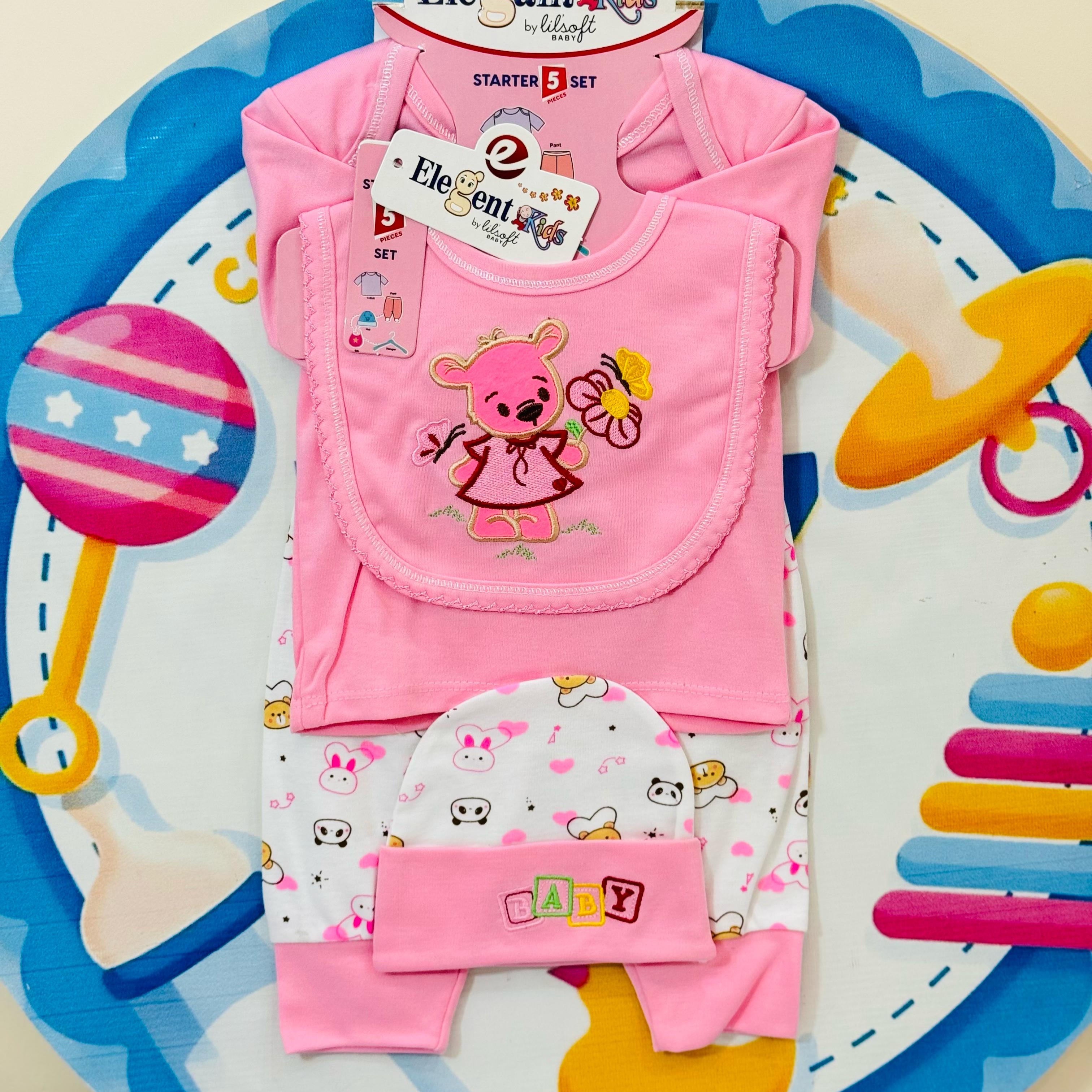 🧸 Baby 5 Pcs Blended Stuff Starter Set Collection 🌈👶

Make your newborn's first wardrobe special with our premium imported 5-piece starter set – designed with love and comfort for your baby’s delicate skin! 🇵🇰

💖 High-Quality Summer Material – Soft, breathable & gentle for newborns
👕 5 Must-Have Items – Includes shirt, trouser, bib, cap & hanger
🧵 Imported Blended Stuff – Lightweight & comfy for daily summer wear
🎨 Adorable Prints & Colors – Suitable for both baby boys & baby girls
📏 Size: Perfect