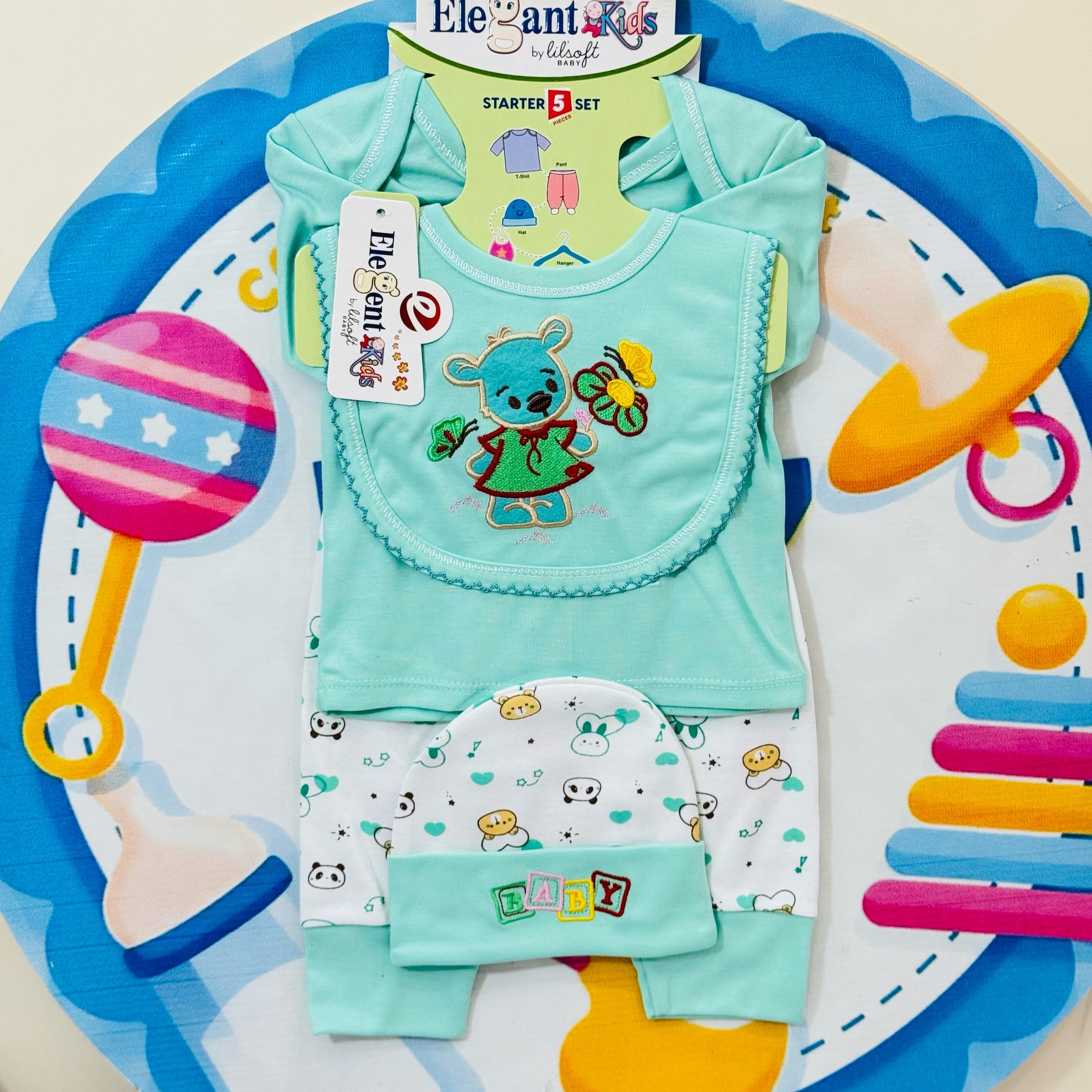 🧸 Baby 5 Pcs Blended Stuff Starter Set Collection 🌈👶

Make your newborn's first wardrobe special with our premium imported 5-piece starter set – designed with love and comfort for your baby’s delicate skin! 🇵🇰

💖 High-Quality Summer Material – Soft, breathable & gentle for newborns
👕 5 Must-Have Items – Includes shirt, trouser, bib, cap & hanger
🧵 Imported Blended Stuff – Lightweight & comfy for daily summer wear
🎨 Adorable Prints & Colors – Suitable for both baby boys & baby girls
📏 Size: Perfect