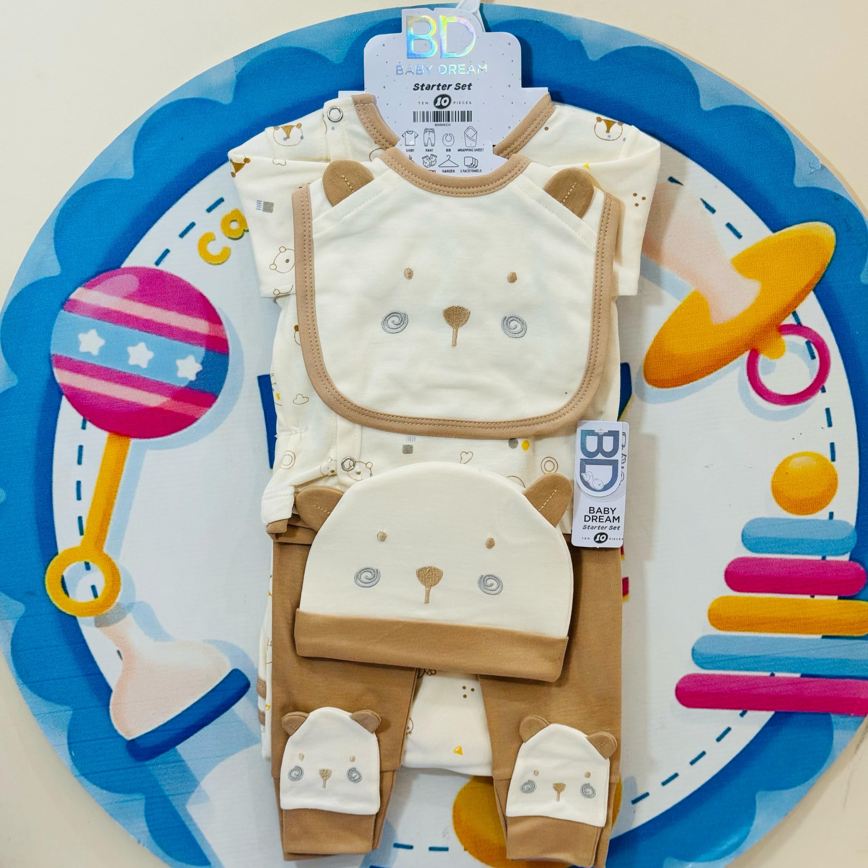 👶💙 Premium Baby 10 Pcs Starter Set – Complete First Day Essential! 💙👶
Welcome your newborn with style and comfort! Our 10 pcs premium baby starter set is designed for delicate newborn skin and packed with all the essentials new parents need.

🎁 Set Includes:
✅ 1 Shirt + 1 Trouser
✅ 1 Wrapping Sheet
✅ 1 Bib + 1 Cap + 1 Pair Mittens
✅ 3 Face Towels

💸 Price: Rs. 2350 only
👶 Size: 0-3 months
🌟 Imported quality, soft cotton blend
🌟 Adorable prints for baby boys, girls & unisex
🌟 Perfect for gifting, h