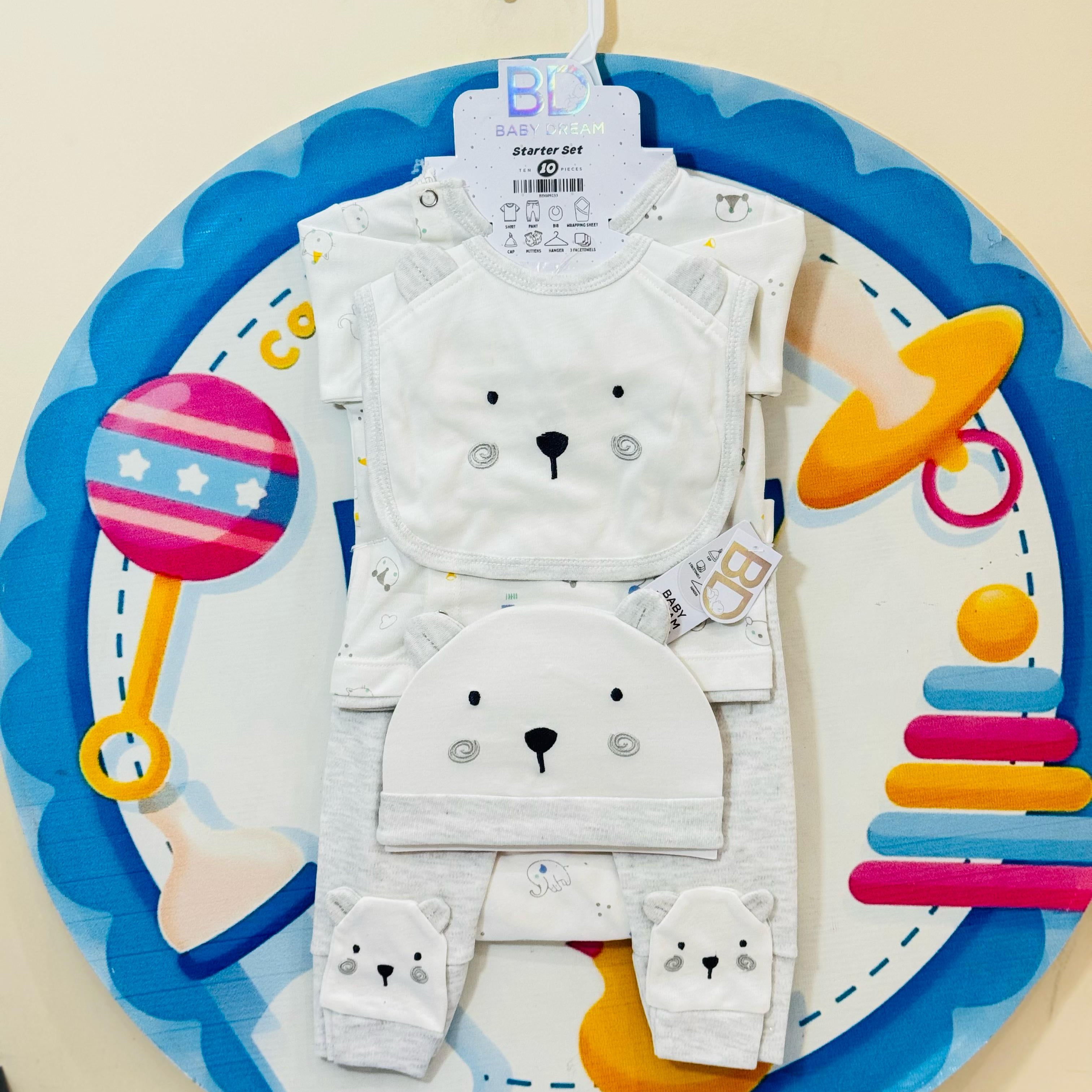 👶💙 Premium Baby 10 Pcs Starter Set – Complete First Day Essential! 💙👶
Welcome your newborn with style and comfort! Our 10 pcs premium baby starter set is designed for delicate newborn skin and packed with all the essentials new parents need.

🎁 Set Includes:
✅ 1 Shirt + 1 Trouser
✅ 1 Wrapping Sheet
✅ 1 Bib + 1 Cap + 1 Pair Mittens
✅ 3 Face Towels

💸 Price: Rs. 2350 only
👶 Size: 0-3 months
🌟 Imported quality, soft cotton blend
🌟 Adorable prints for baby boys, girls & unisex
🌟 Perfect for gifting, h