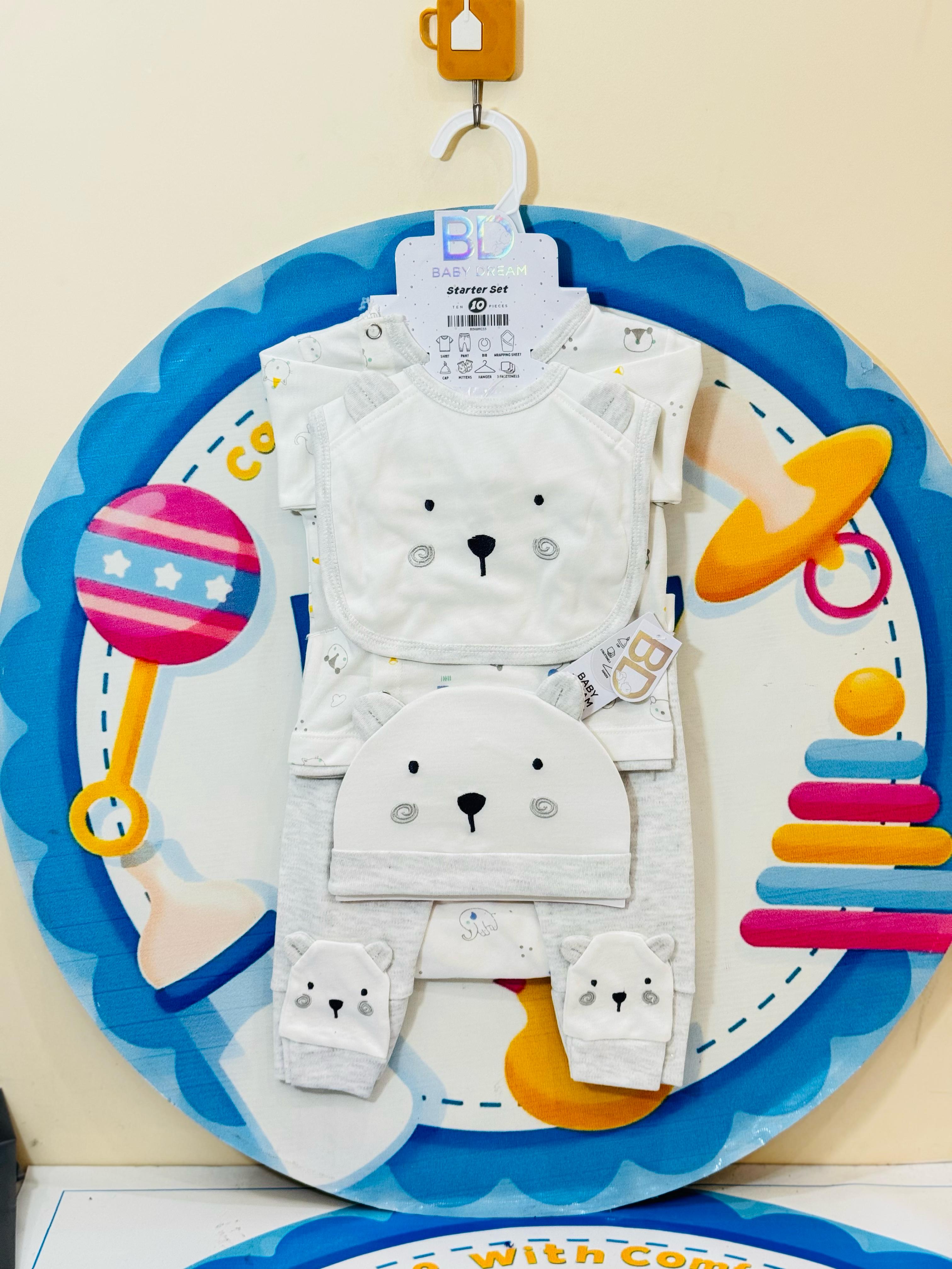 👶💙 Premium Baby 10 Pcs Starter Set – Complete First Day Essential! 💙👶
Welcome your newborn with style and comfort! Our 10 pcs premium baby starter set is designed for delicate newborn skin and packed with all the essentials new parents need.

🎁 Set Includes:
✅ 1 Shirt + 1 Trouser
✅ 1 Wrapping Sheet
✅ 1 Bib + 1 Cap + 1 Pair Mittens
✅ 3 Face Towels

💸 Price: Rs. 2350 only
👶 Size: 0-3 months
🌟 Imported quality, soft cotton blend
🌟 Adorable prints for baby boys, girls & unisex
🌟 Perfect for gifting, h