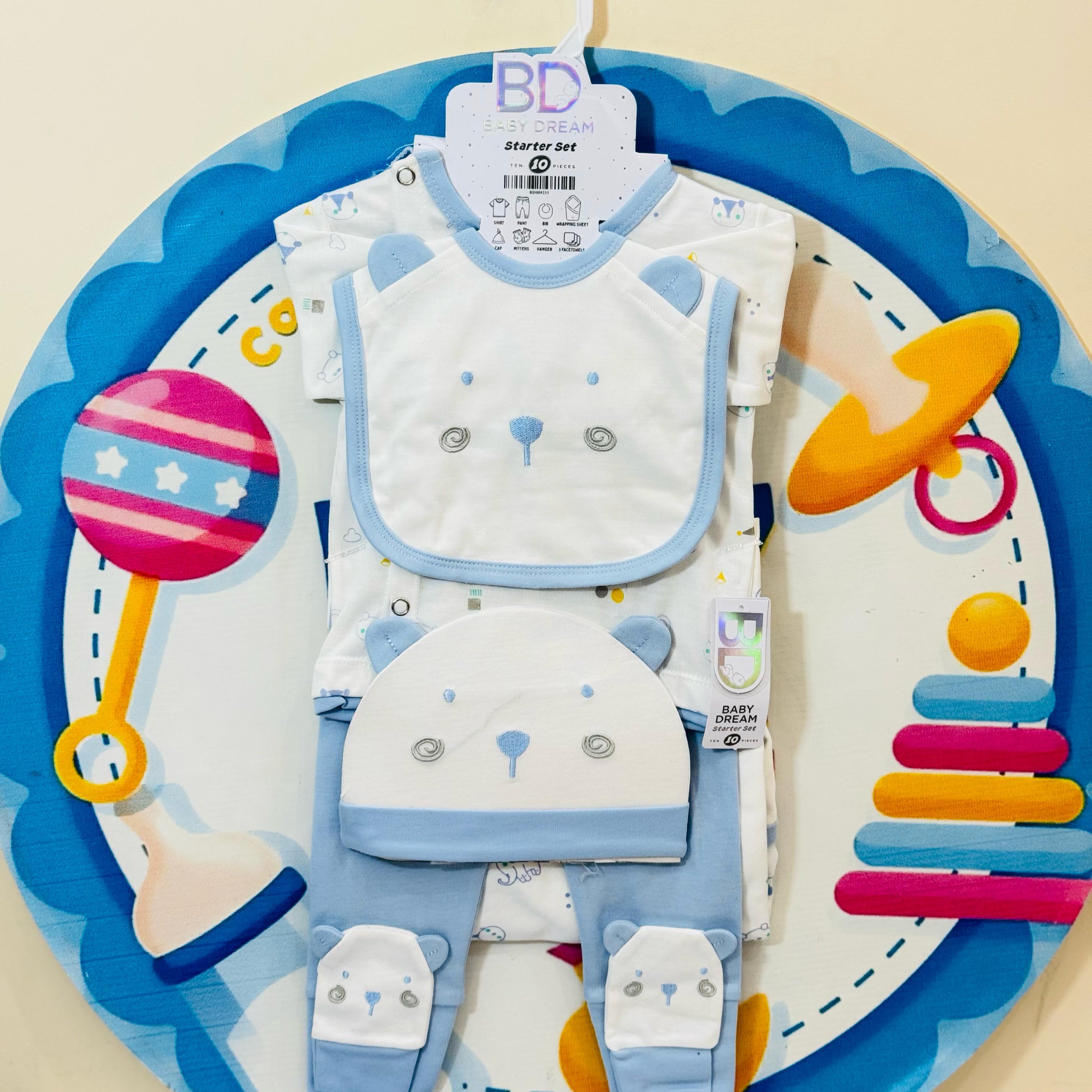 👶💙 Premium Baby 10 Pcs Starter Set – Complete First Day Essential! 💙👶
Welcome your newborn with style and comfort! Our 10 pcs premium baby starter set is designed for delicate newborn skin and packed with all the essentials new parents need.

🎁 Set Includes:
✅ 1 Shirt + 1 Trouser
✅ 1 Wrapping Sheet
✅ 1 Bib + 1 Cap + 1 Pair Mittens
✅ 3 Face Towels

💸 Price: Rs. 2350 only
👶 Size: 0-3 months
🌟 Imported quality, soft cotton blend
🌟 Adorable prints for baby boys, girls & unisex
🌟 Perfect for gifting, h