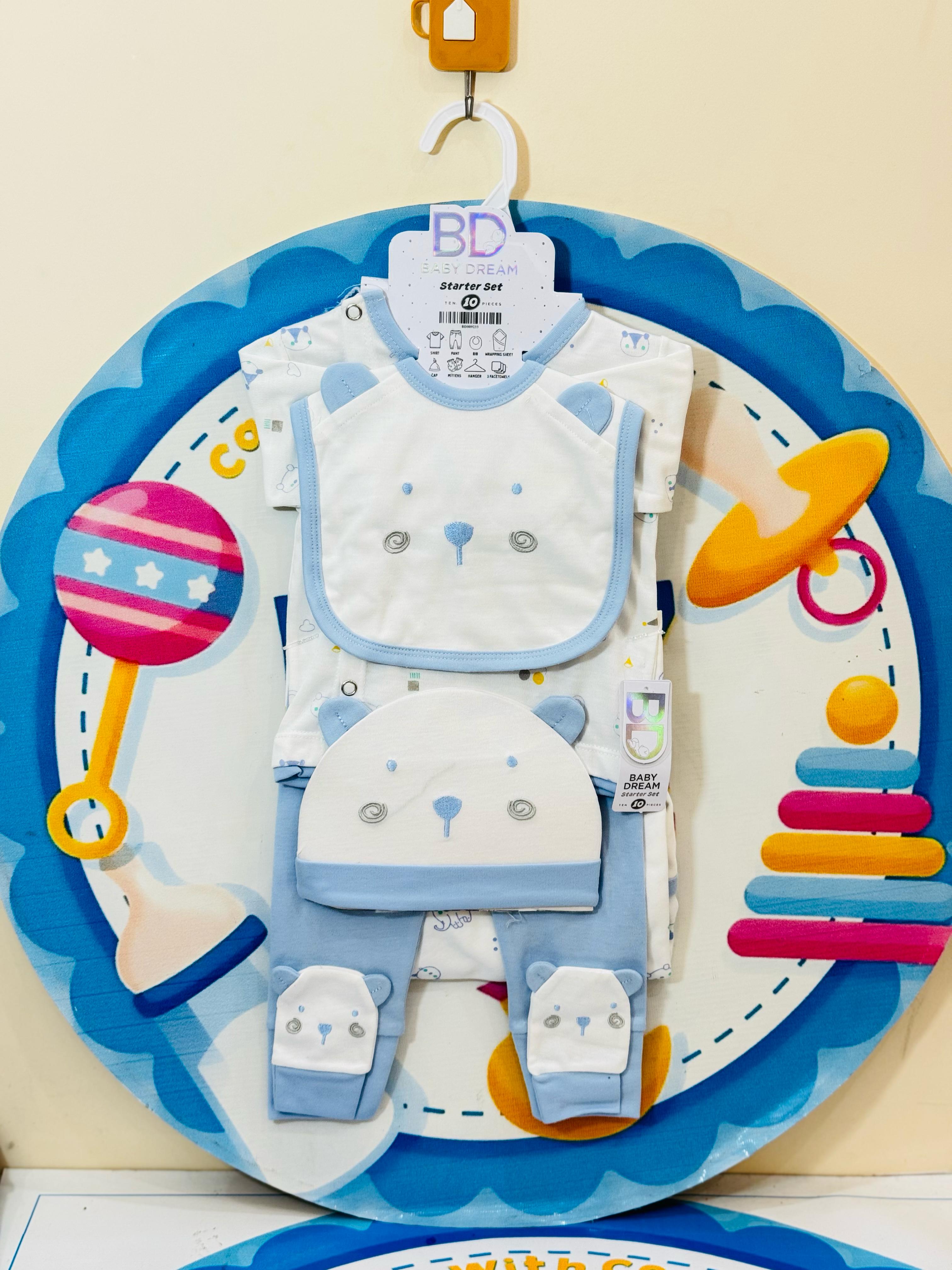 👶💙 Premium Baby 10 Pcs Starter Set – Complete First Day Essential! 💙👶
Welcome your newborn with style and comfort! Our 10 pcs premium baby starter set is designed for delicate newborn skin and packed with all the essentials new parents need.

🎁 Set Includes:
✅ 1 Shirt + 1 Trouser
✅ 1 Wrapping Sheet
✅ 1 Bib + 1 Cap + 1 Pair Mittens
✅ 3 Face Towels

💸 Price: Rs. 2350 only
👶 Size: 0-3 months
🌟 Imported quality, soft cotton blend
🌟 Adorable prints for baby boys, girls & unisex
🌟 Perfect for gifting, h