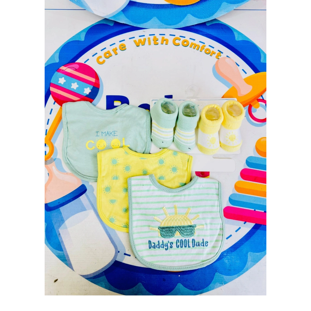 Hudson Baby Imported Combo Set – 3 Bibs + 2 Socks Booties