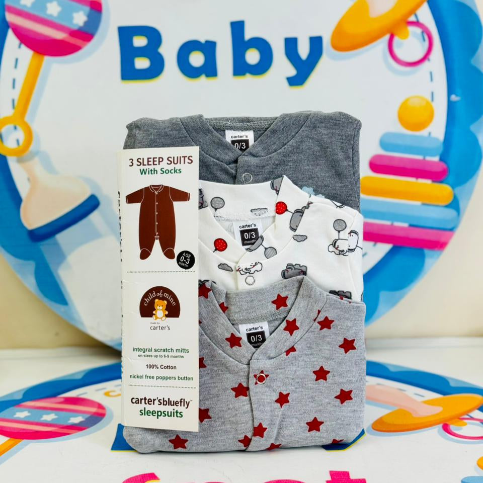 Baby Pack of 3 Sleep Suit Rompers Collection G (Open Feet)