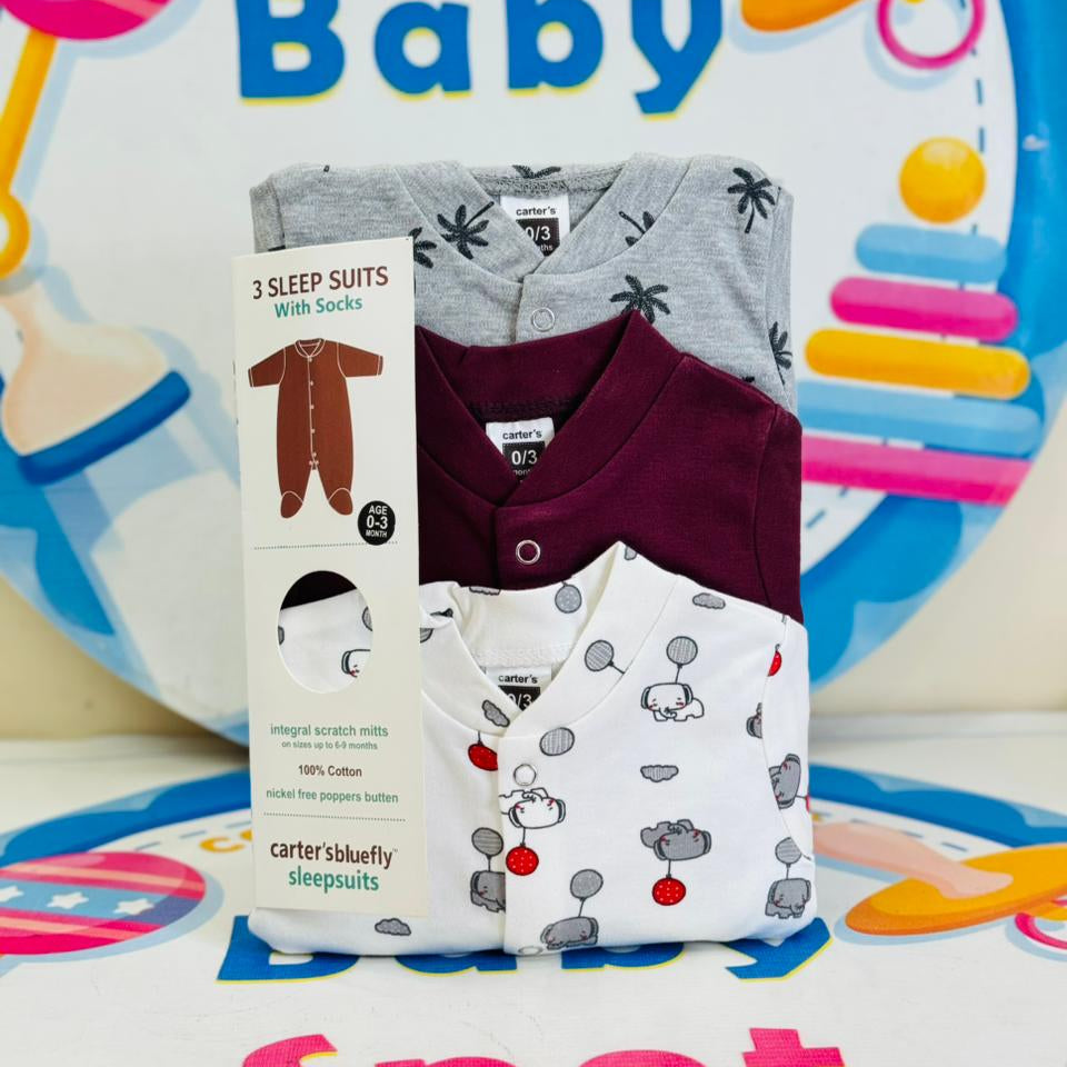 Carters Pack of 3 Sleep Suit Rompers Collection M (Open Feet)