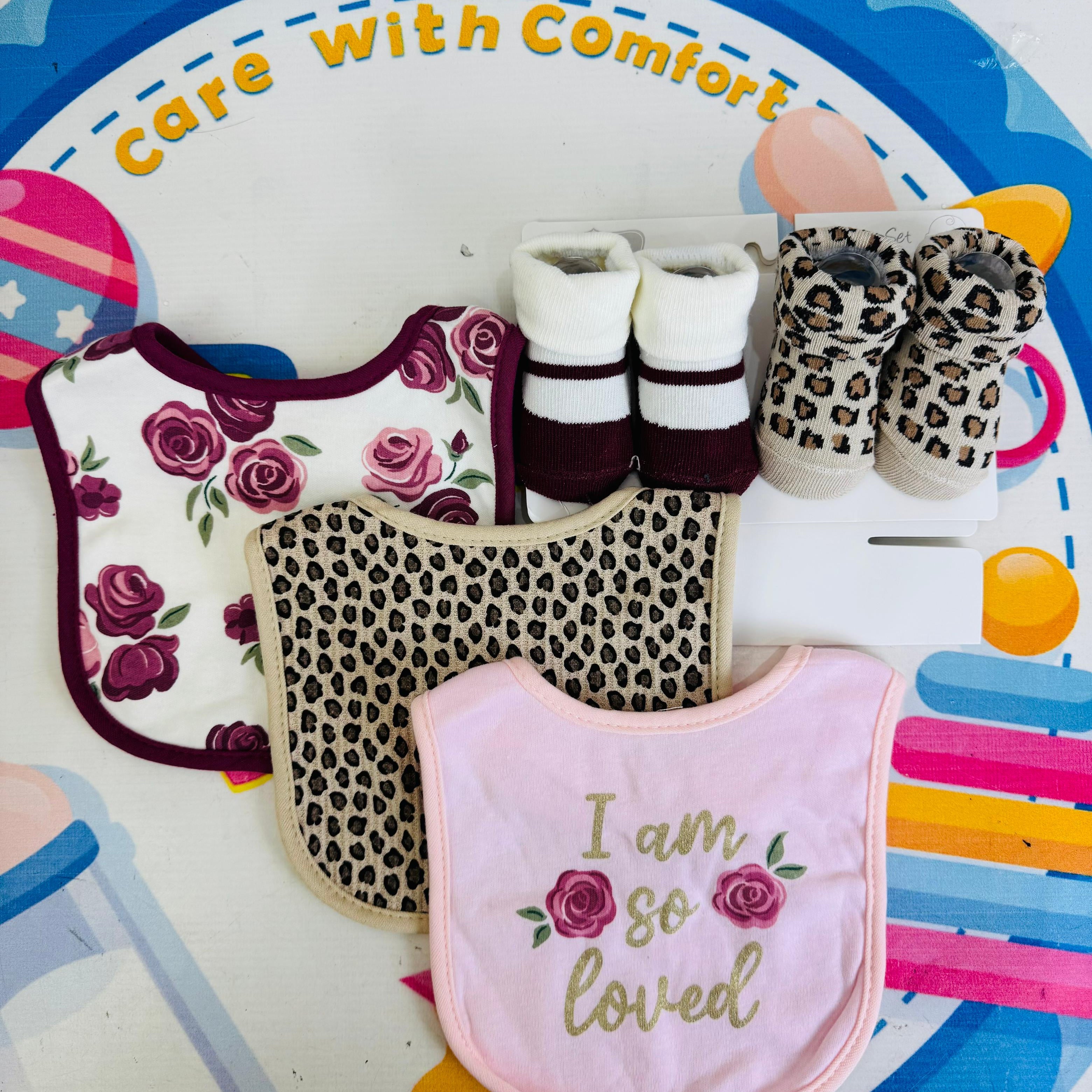 Hudson Baby Imported Combo Set – 3 Bibs + 2 Socks Booties