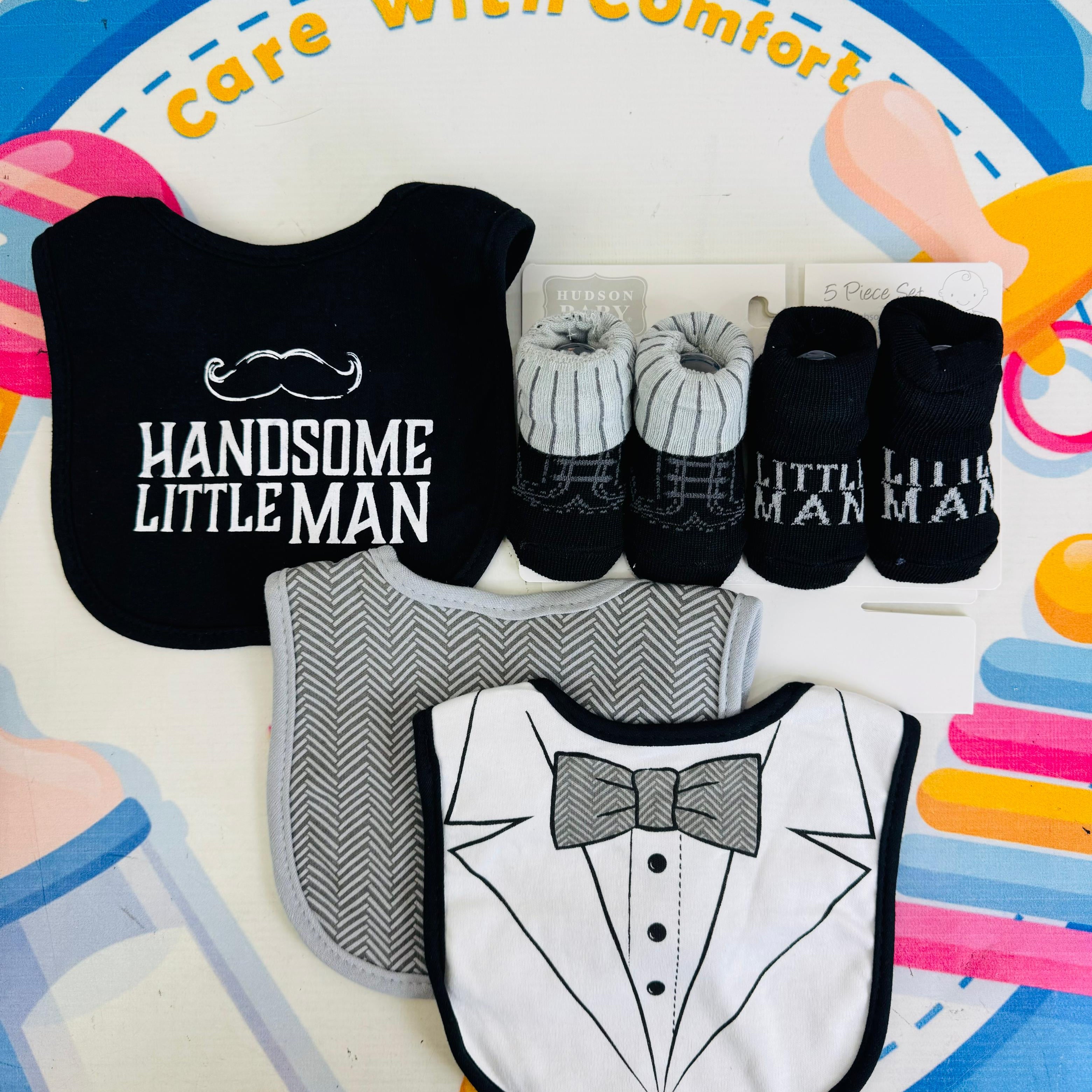 Hudson Baby Imported Combo Set – 3 Bibs + 2 Socks Booties