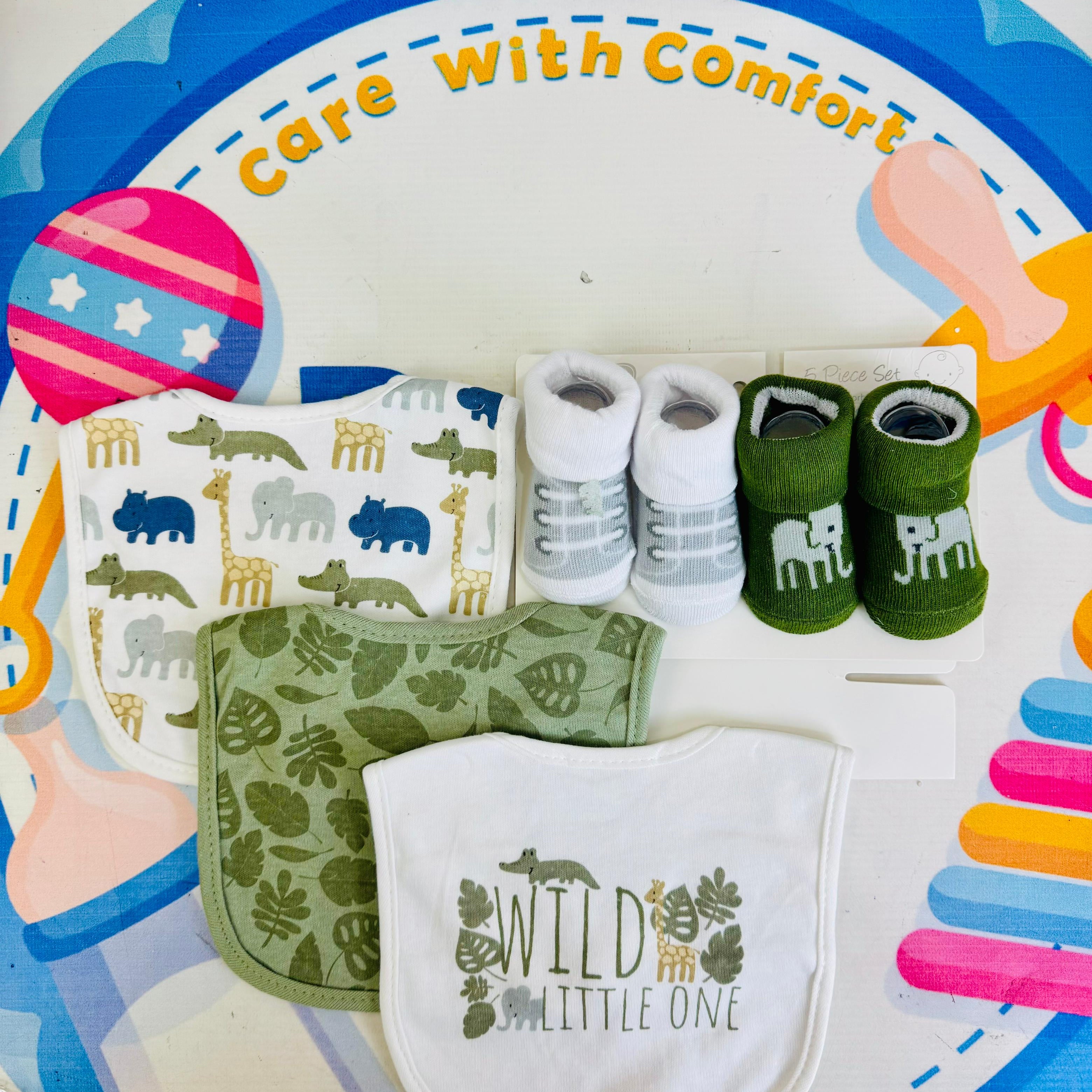 Hudson Baby Imported Combo Set – 3 Bibs + 2 Socks Booties