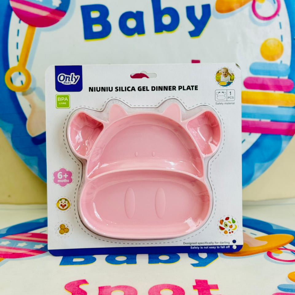 Silica gel dinner plate for babies in packaging with colorful background
