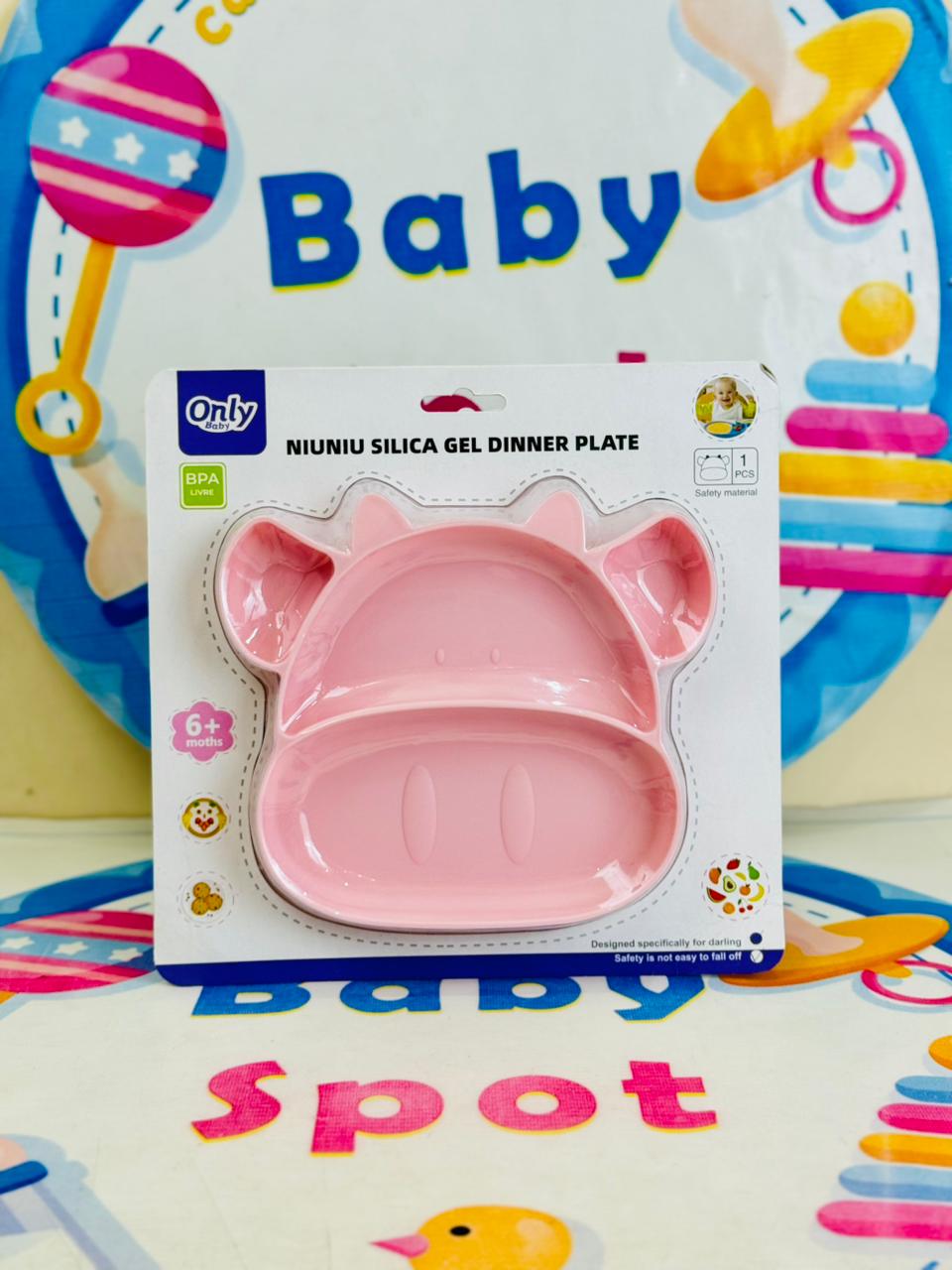 Silica gel dinner plate for babies in packaging with colorful background