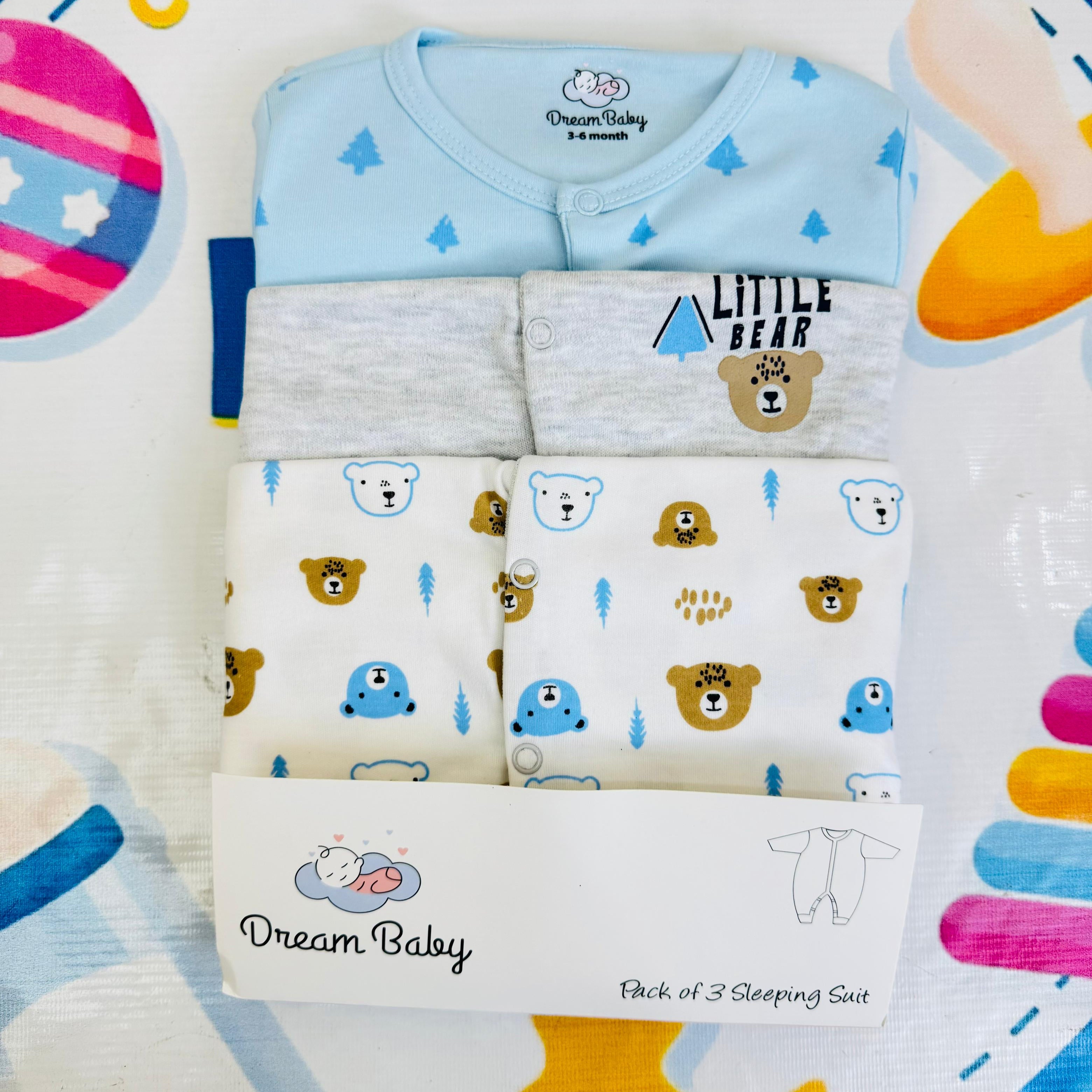 Dream Baby Pack of 3 Sleep Suit Rompers Collection SB(open feet)
