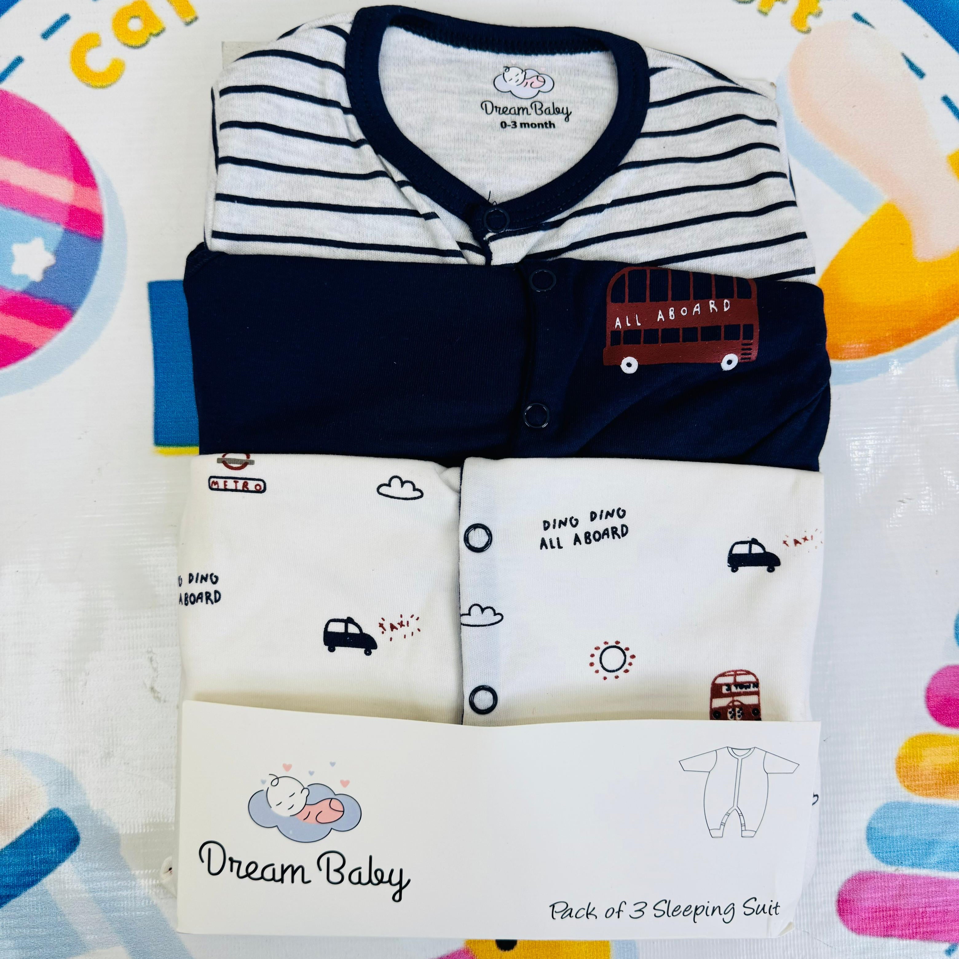 Dream Baby Pack of 3 Sleep Suit Rompers Collection NB(open feet)