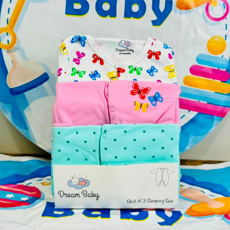 Dream Baby Pack of 3 Sleep Suit Rompers Collection PB(open feet)