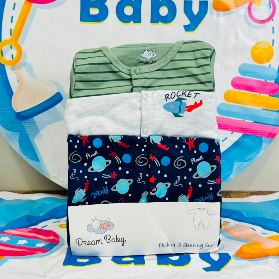 Dream Baby Pack of 3 Sleep Suit Rompers Collection GN(open feet)