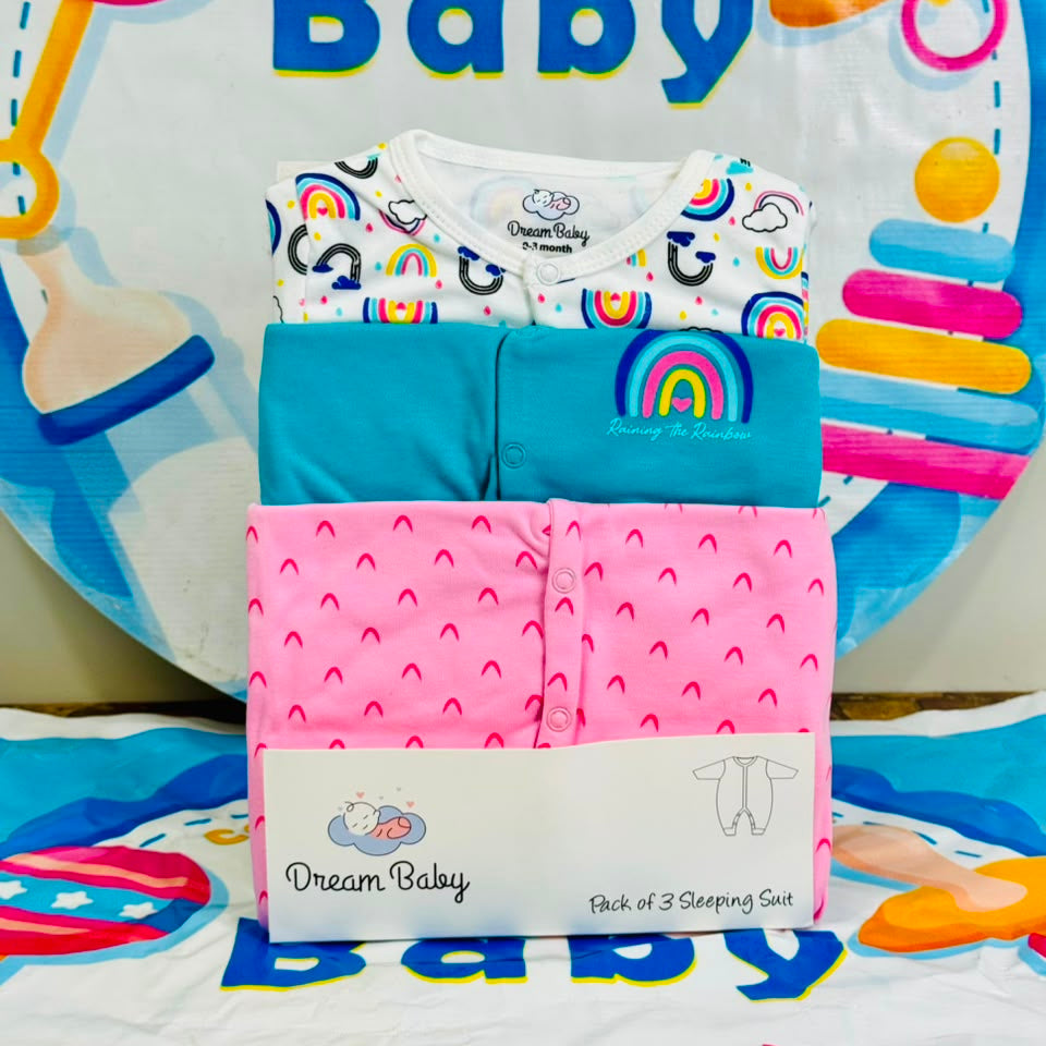 Dream Baby Pack of 3 Sleep Suit Rompers Collection FP(open feet)