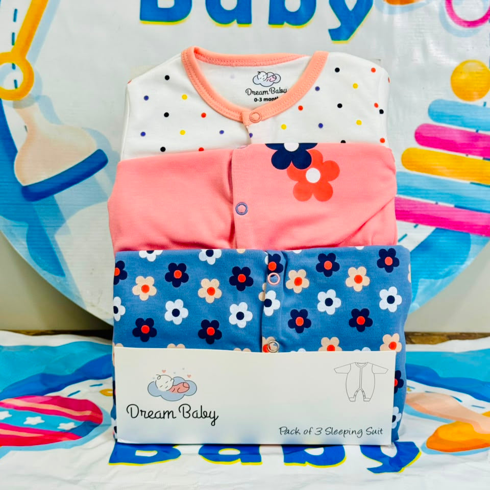 Dream Baby Pack of 3 Sleep Suit Rompers Collection BPE(open feet)