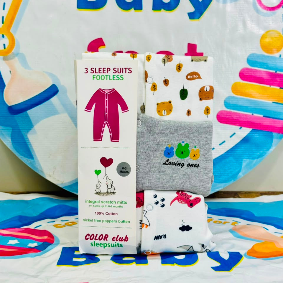 C/C Pack of 3 Sleep Suit Rompers Collection GR (Open Feet)