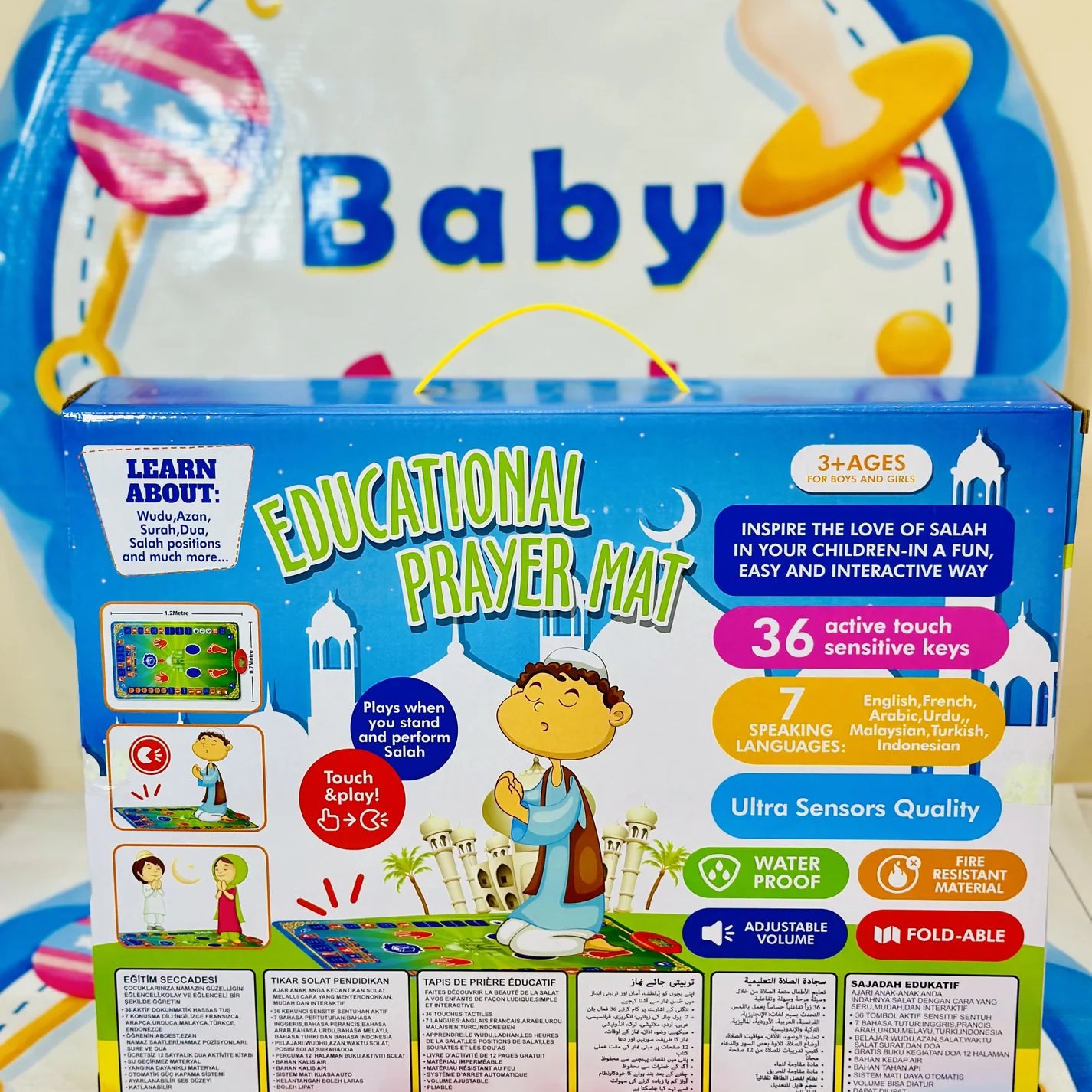 🌙&nbsp;Interactive Kids' Prayer Mat – Teach &amp; Inspire!&nbsp;🕌✨

Make learning&nbsp;prayer&nbsp;easy and engaging for kids with this&nbsp;Interactive Kids' Namaz Mat. Designed with&nbsp;36 touch-sensitive keys, it guides little ones through prayers in&nbsp;7 different languages, making it a perfect tool for early Islamic education.

🔹&nbsp;Why Kids &amp; Parents Love It?
🗣️&nbsp;Multilingual Support&nbsp;– Teaches prayer in&nbsp;7 languages&nbsp;for a diverse learning experience.
🔊&nbsp;Adjustable V