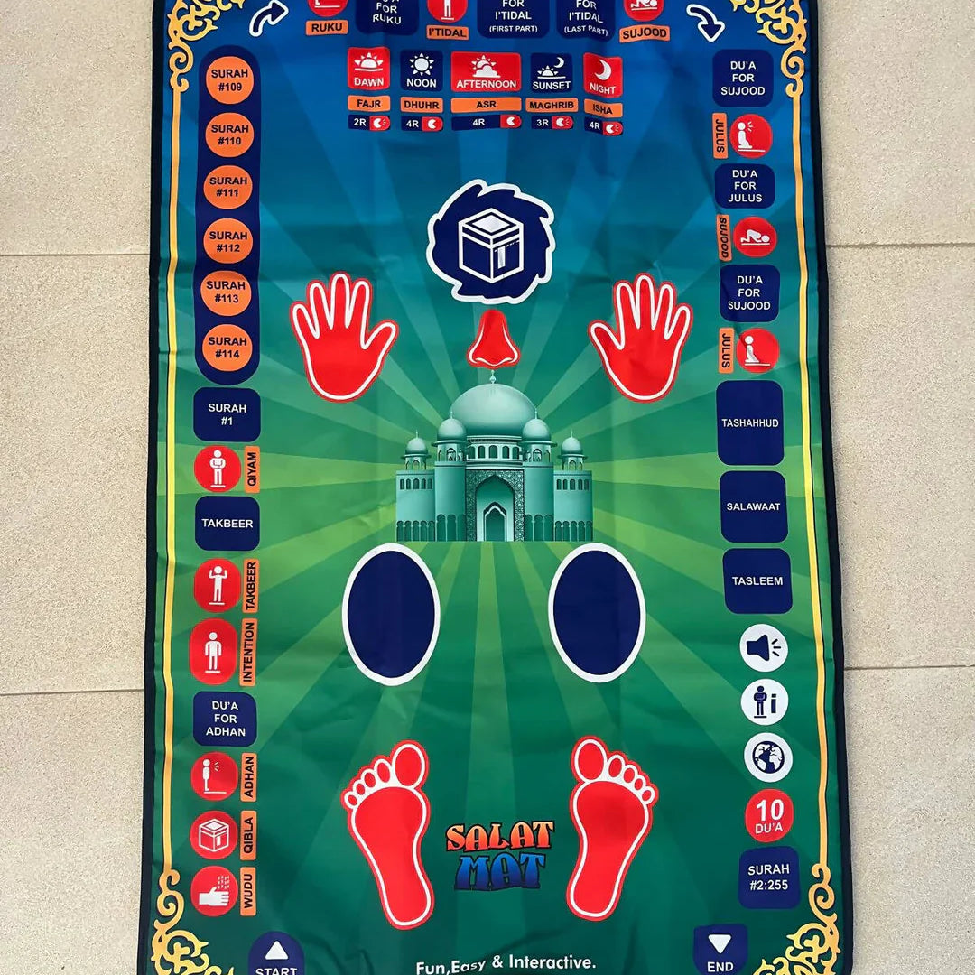 🌙&nbsp;Interactive Kids' Prayer Mat – Teach &amp; Inspire!&nbsp;🕌✨

Make learning&nbsp;prayer&nbsp;easy and engaging for kids with this&nbsp;Interactive Kids' Namaz Mat. Designed with&nbsp;36 touch-sensitive keys, it guides little ones through prayers in&nbsp;7 different languages, making it a perfect tool for early Islamic education.

🔹&nbsp;Why Kids &amp; Parents Love It?
🗣️&nbsp;Multilingual Support&nbsp;– Teaches prayer in&nbsp;7 languages&nbsp;for a diverse learning experience.
🔊&nbsp;Adjustable V