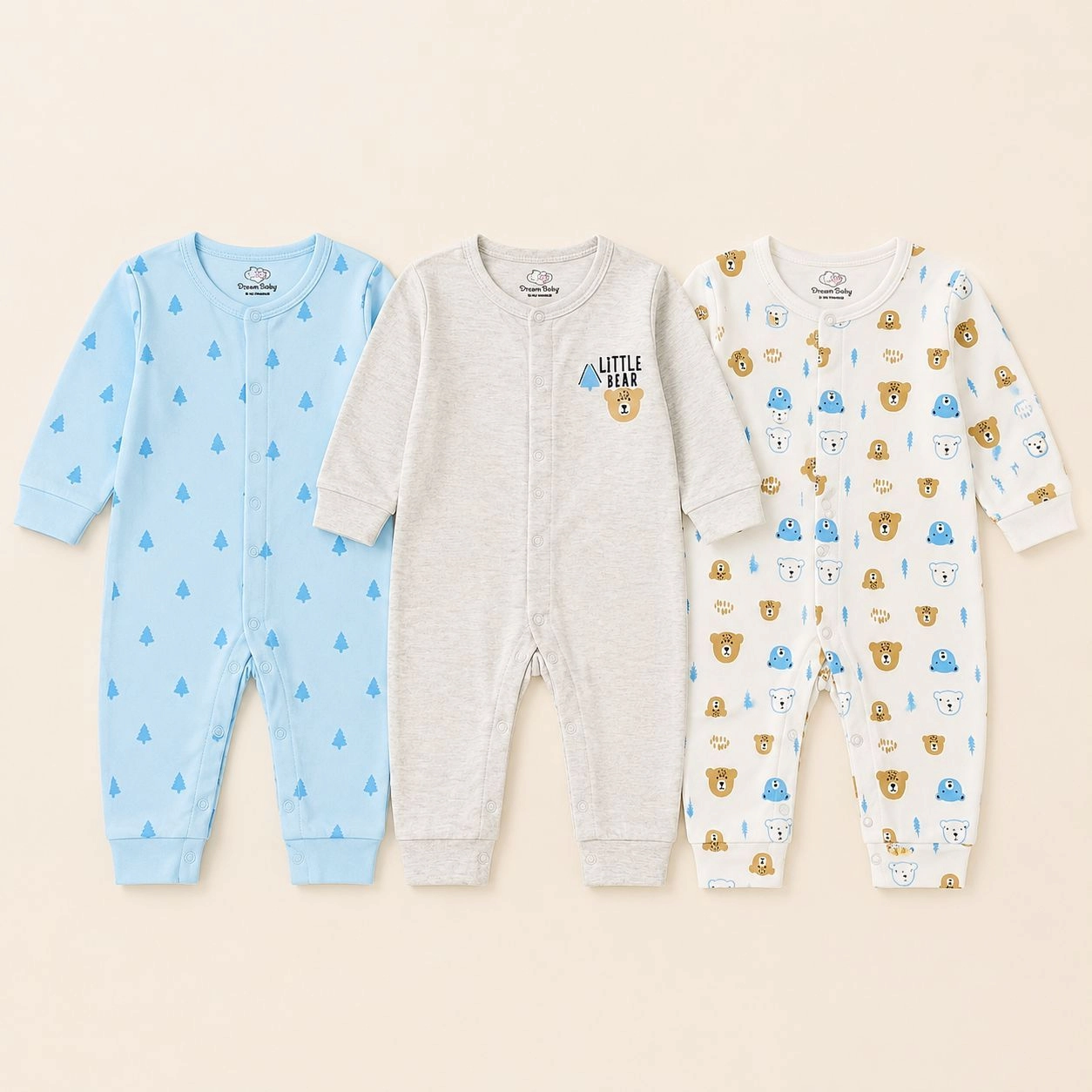 Dream Baby Pack of 3 Sleep Suit Rompers Collection SB(open feet)