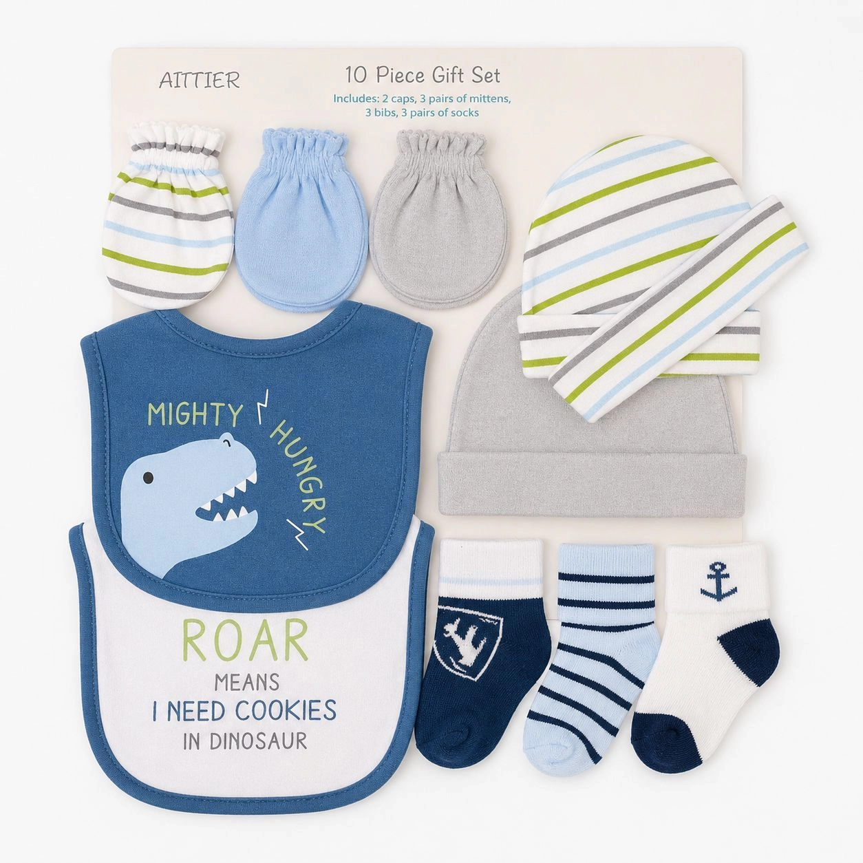 Imported 10 Pcs Newborn Baby Accessories Gift Pack | 2 Bibs, 3 Mittens, 3 Socks, 2 Caps | 0-6 Months