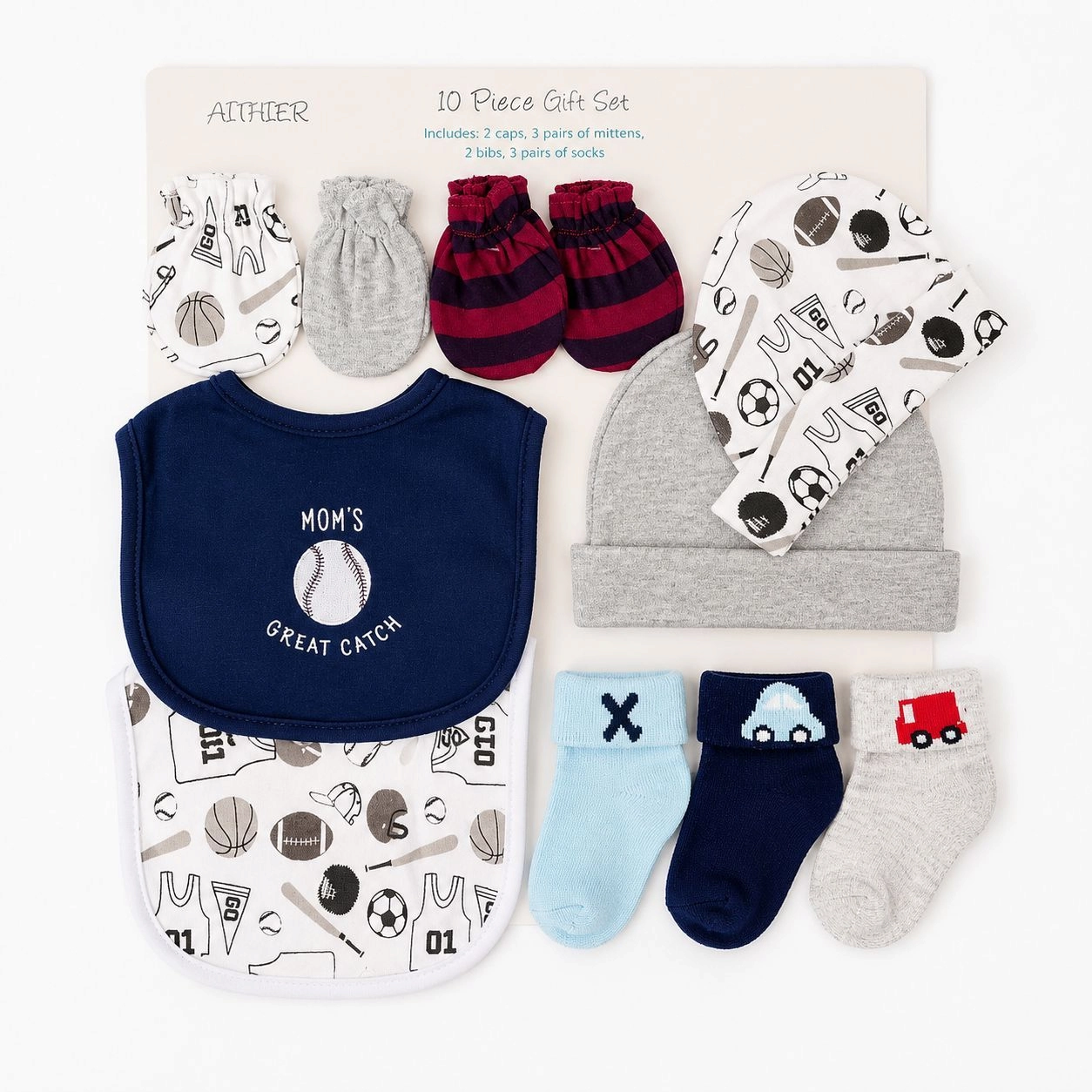 Imported 10 Pcs Newborn Baby Accessories Gift Pack | 2 Bibs, 3 Mittens, 3 Socks, 2 Caps | 0-6 Months
