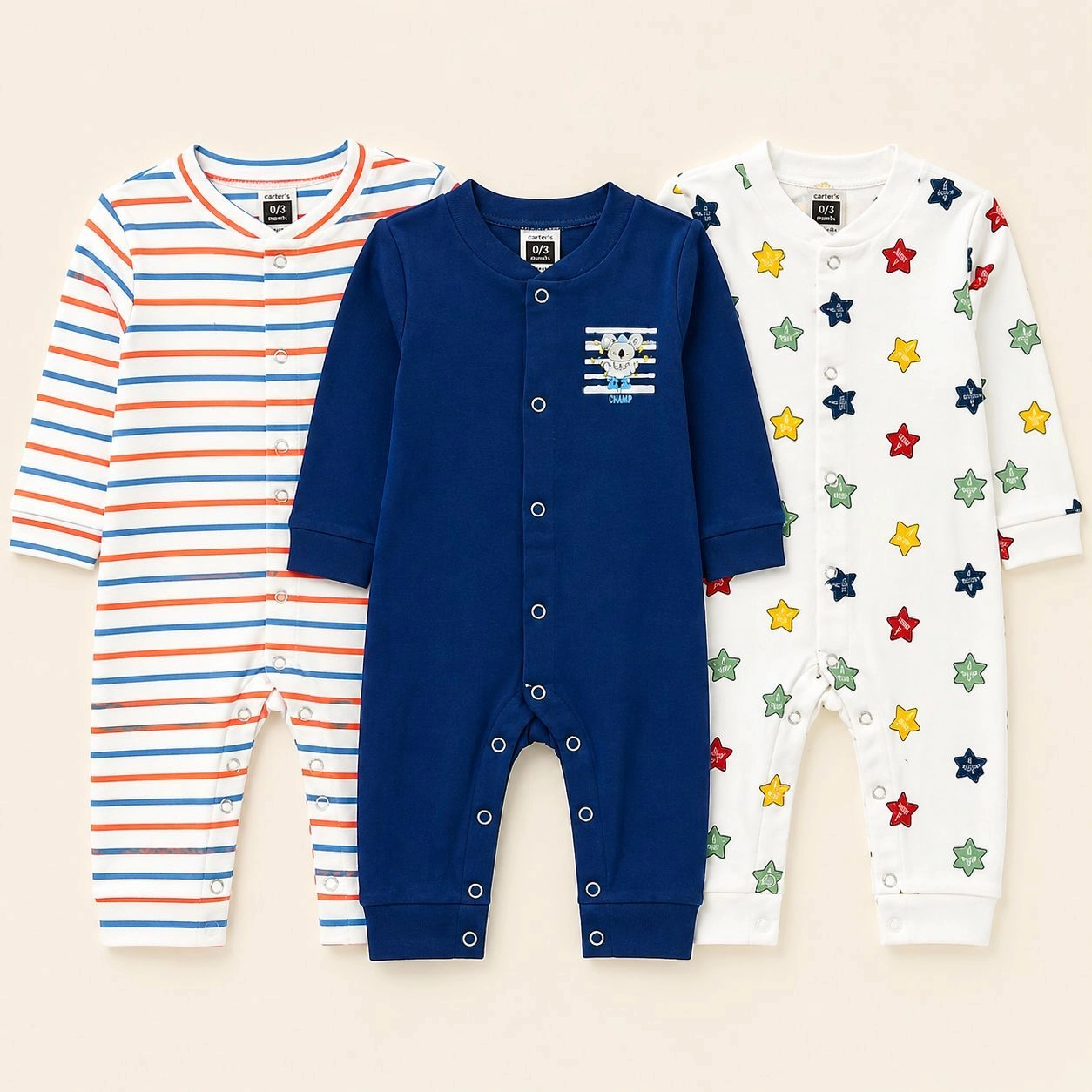 Carters Pack of 3 Sleep Suit Rompers Collection NB (Open Feet)