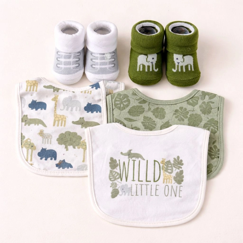 Hudson Baby Imported Combo Set – 3 Bibs + 2 Socks Booties